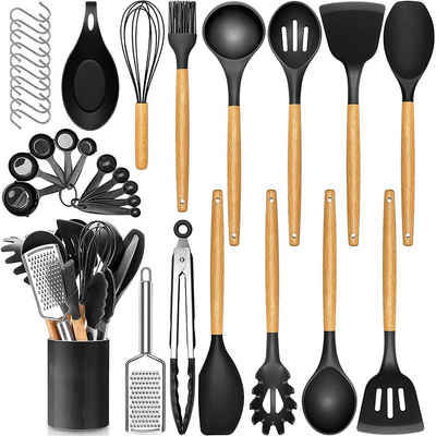 Bedee Kochbesteck-Set Silikon Kochgeschirr Set, Küchengerät 34 Stück (Küchenutensilien, Spachtel-Set mit Halter, Holzgriffen, 34-tlg), Antihaft Kochgeschirr Set mit Behälter