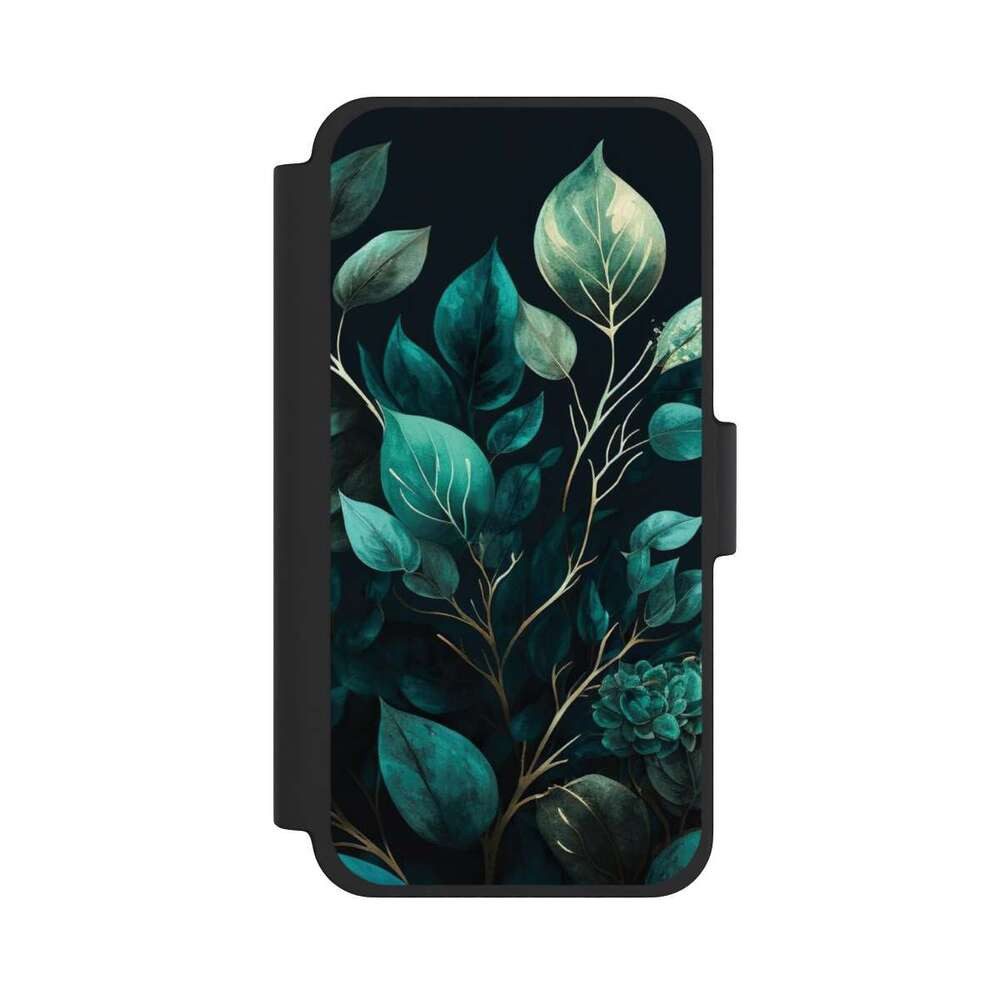 NIVOCASE Handyhülle Eukalyptus Blätter schwarz Eucalyptus Dark Background mit KI, Apple iPhone 12 mini Klapphülle Handyhülle aus Kunst Leder