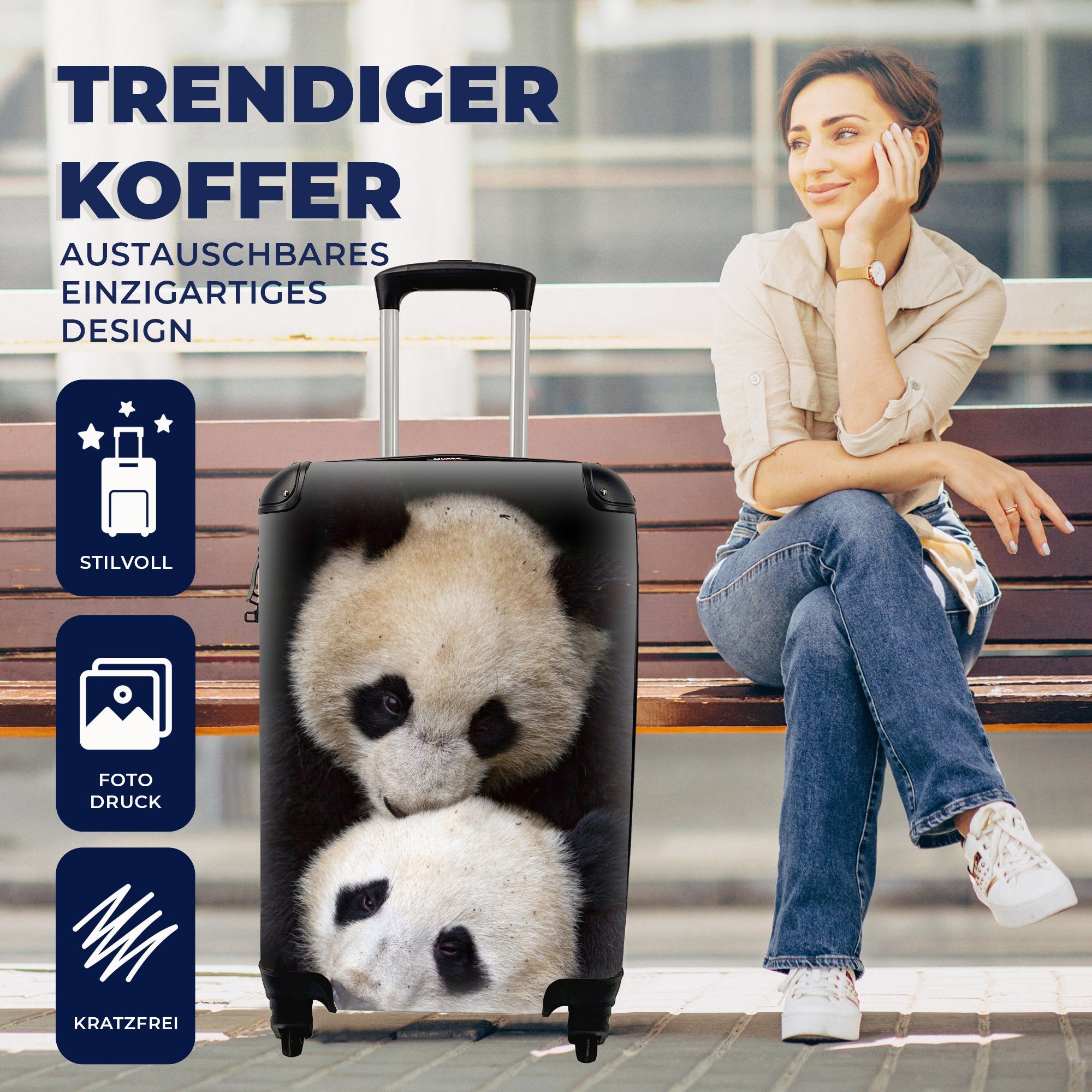 MuchoWow Handgepäckkoffer Panda - Tierfreunde Trolley, - Reisekoffer Rollen, mit 4 rollen, Reisetasche Ferien, Handgepäck für Schwarz