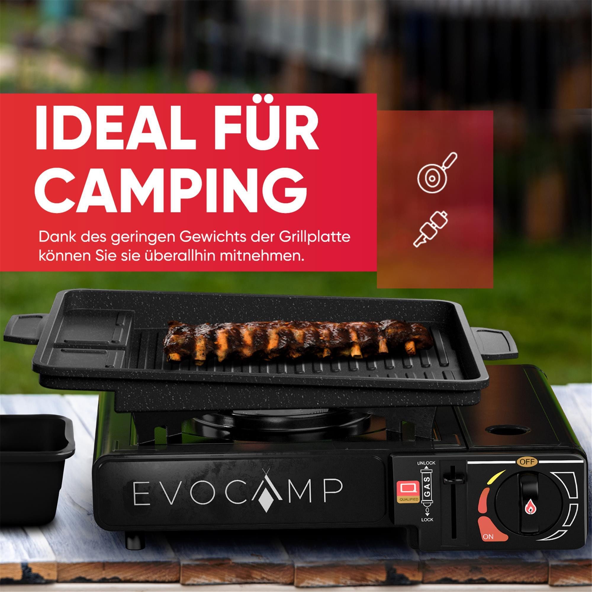 EVOCAMP Grillplatte Aufsatz für Gaskocher antihaftbeschichtete Grillpfanne für Camping BBQ, eckig 38x26 cm – Bild 4 von 5