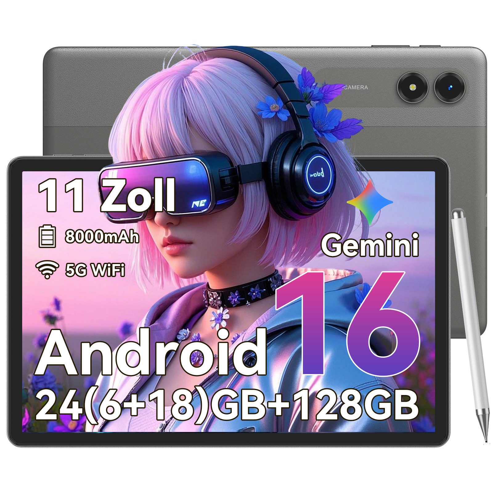 TABWEE T50 11" Android 16 128 GB mit Stift 5G WiFi Tablet (11", 128 GB, Android16, Android 16, Gemini Al Magic, 8000 mAh, 5G WiFi, mit Stift)