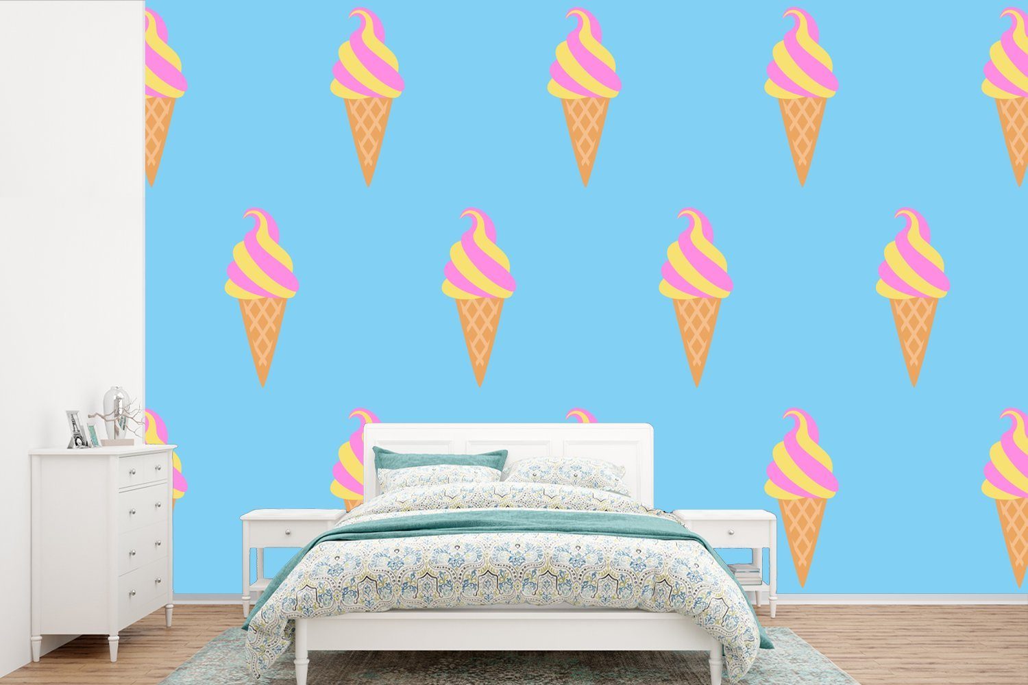 MuchoWow Fototapete Eiscreme - Muster - Blau, Matt, bedruckt, (6 St), Wallpaper für Wohnzimmer, Schlafzimmer, Kinderzimmer, Vinyl Tapete