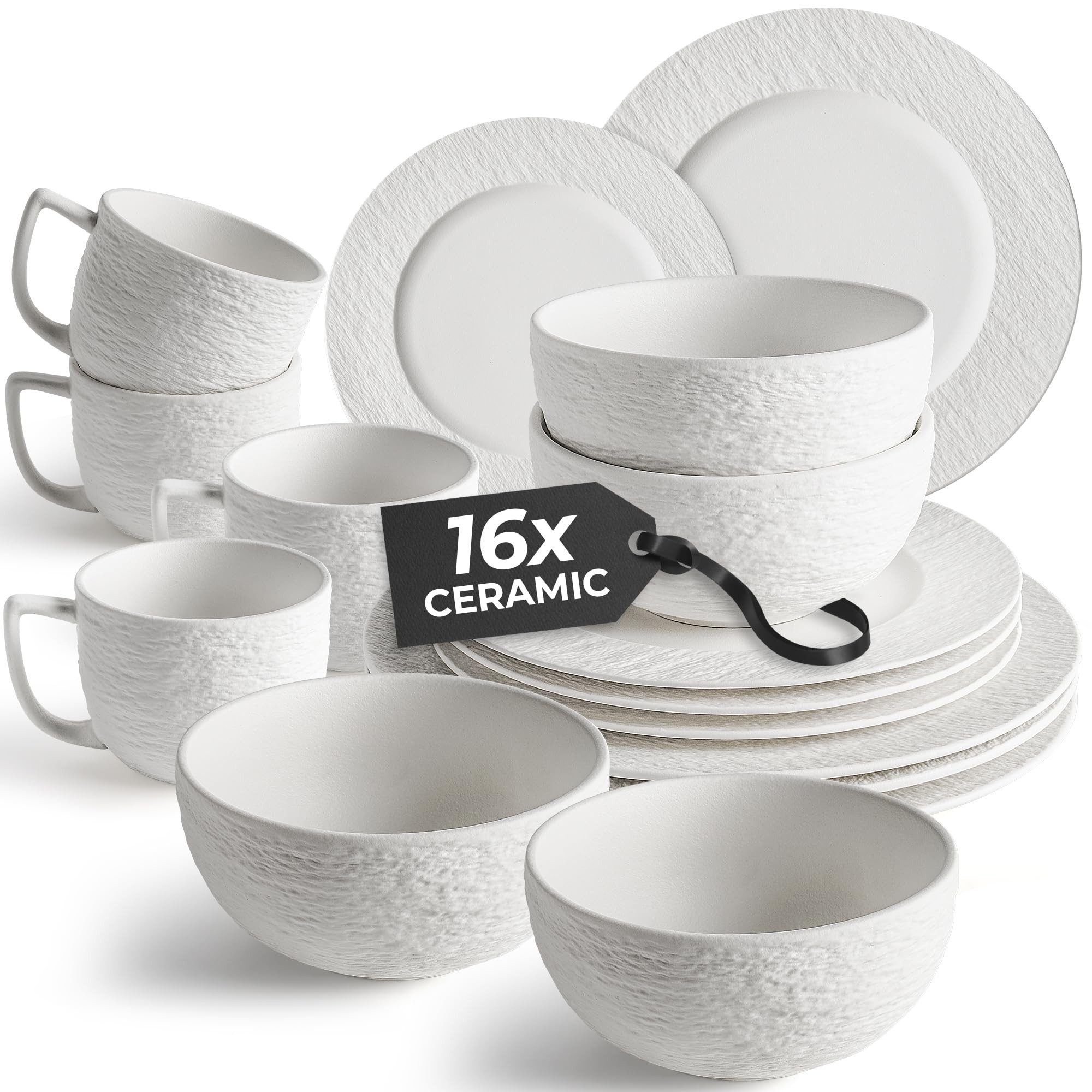 MiaMio Kombiservice 16tlg Geschirrset 4 Personen Kombiservice Keramik Weiß (16-tlg), 4 Personen, Steingut