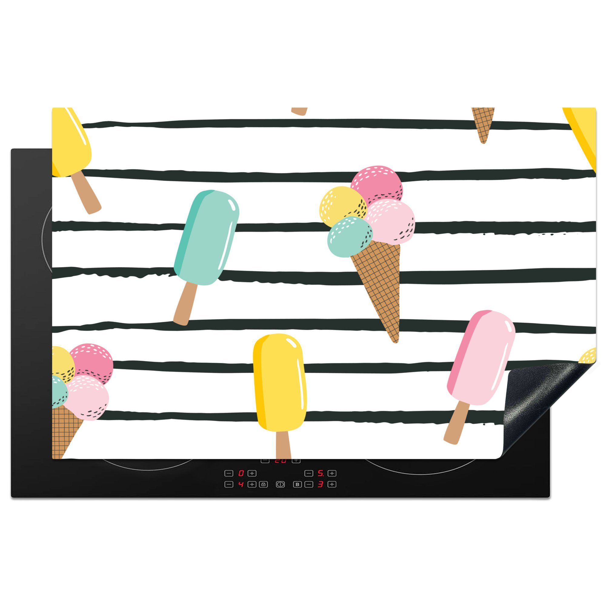 MuchoWow Herdblende-/Abdeckplatte Sommer - Eiscreme - Pastell - Streifen, Vinyl, (1 tlg), 81x52 cm, Induktionskochfeld Schutz für die küche, Ceranfeldabdeckung