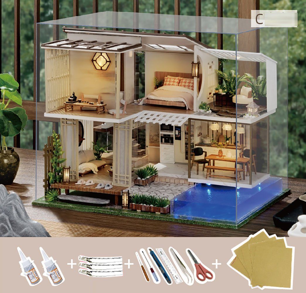 Cute Room 3D-Puzzle DIY holz Miniature Haus Puppenhaus Chalet mit Pool, Puz günstig online kaufen