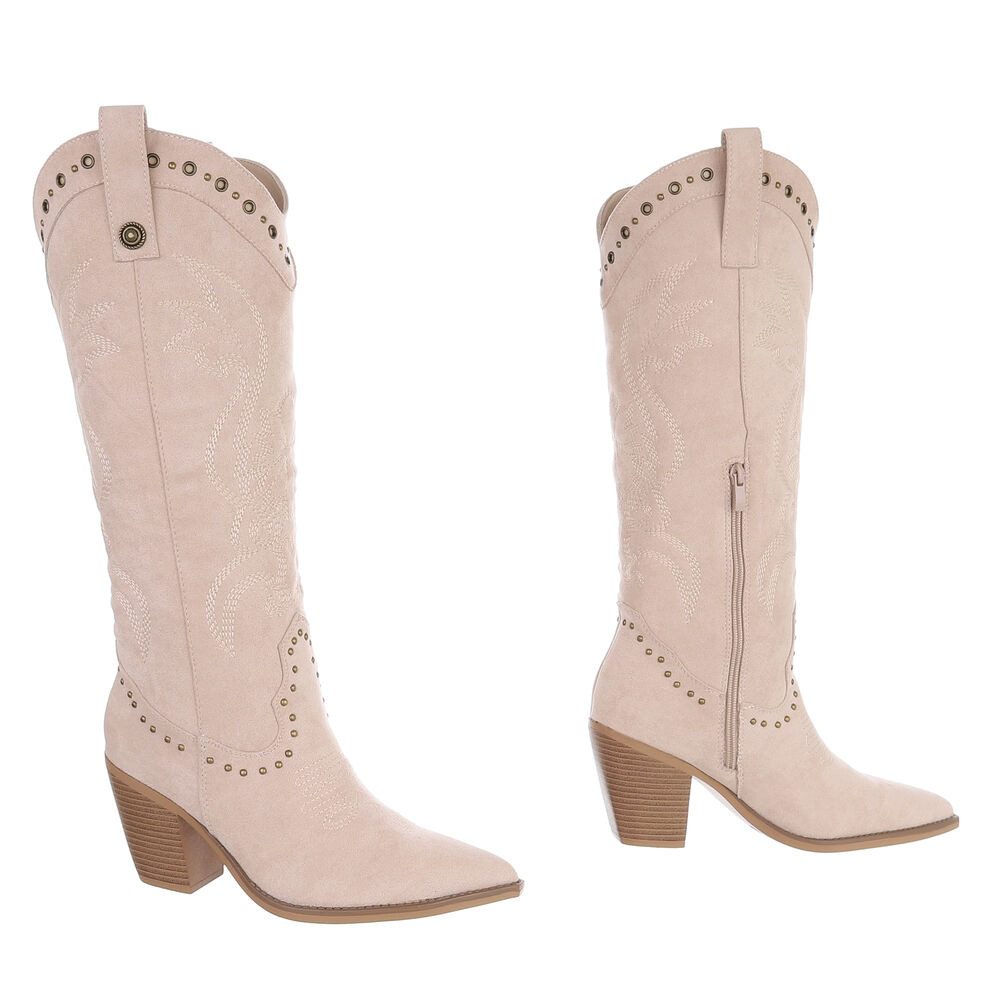 Ital-Design Damen Westernstiefel kniehoch mit Blockabsatz Westernstiefel (92078787) Blockabsatz Stiefel in Beige – Bild 4 von 5