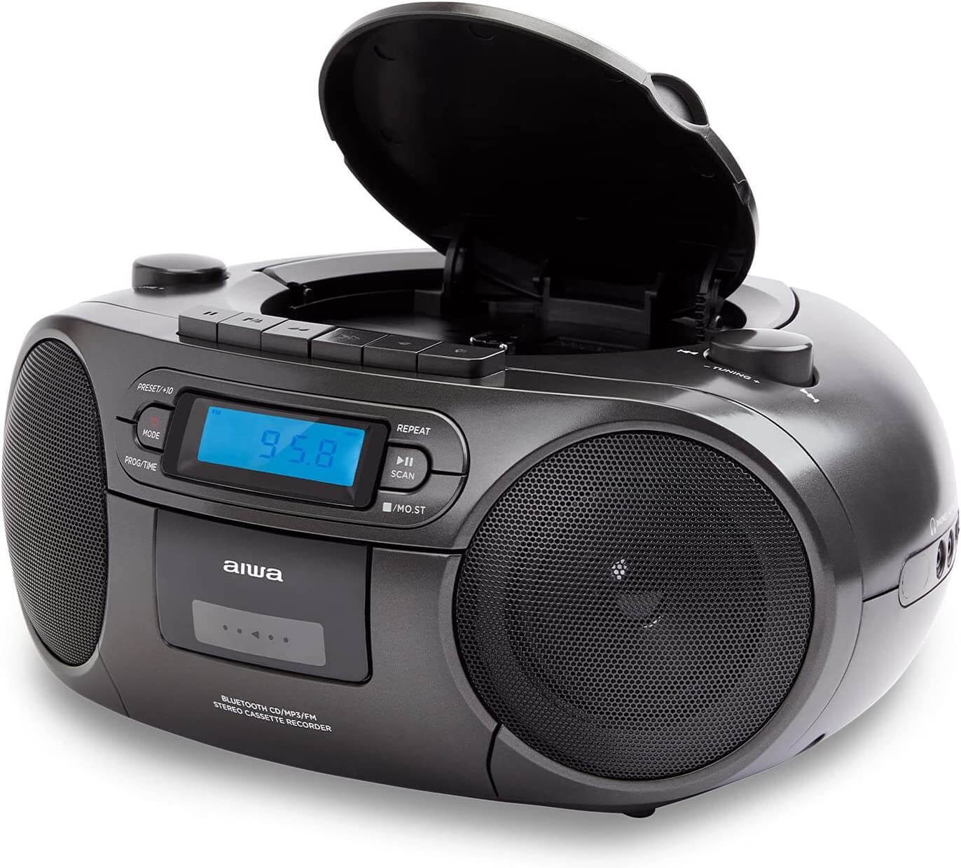 Aiwa BBTC-550 Tragbarer CD Player mit Radio, Kassette, Bluetooth und USB  tragbarer CD-Player (Digitaluhr mit 24h Anzeigeformat 6 W RMS  Audio-Ausgangsleistung)