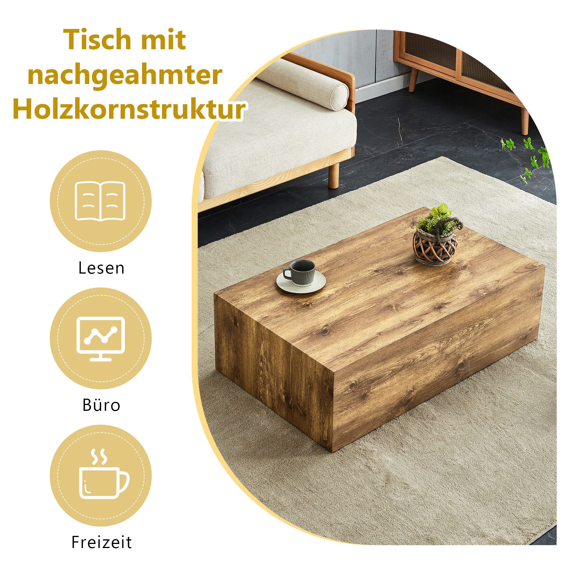 gopop Wohnzimmertisch Rechteckig ohne Aufbauaufwand mit rutschfesten Füßen (1-St), Stabiler MDF-Gestell mit holzimitierender Textur 90×50×30cm