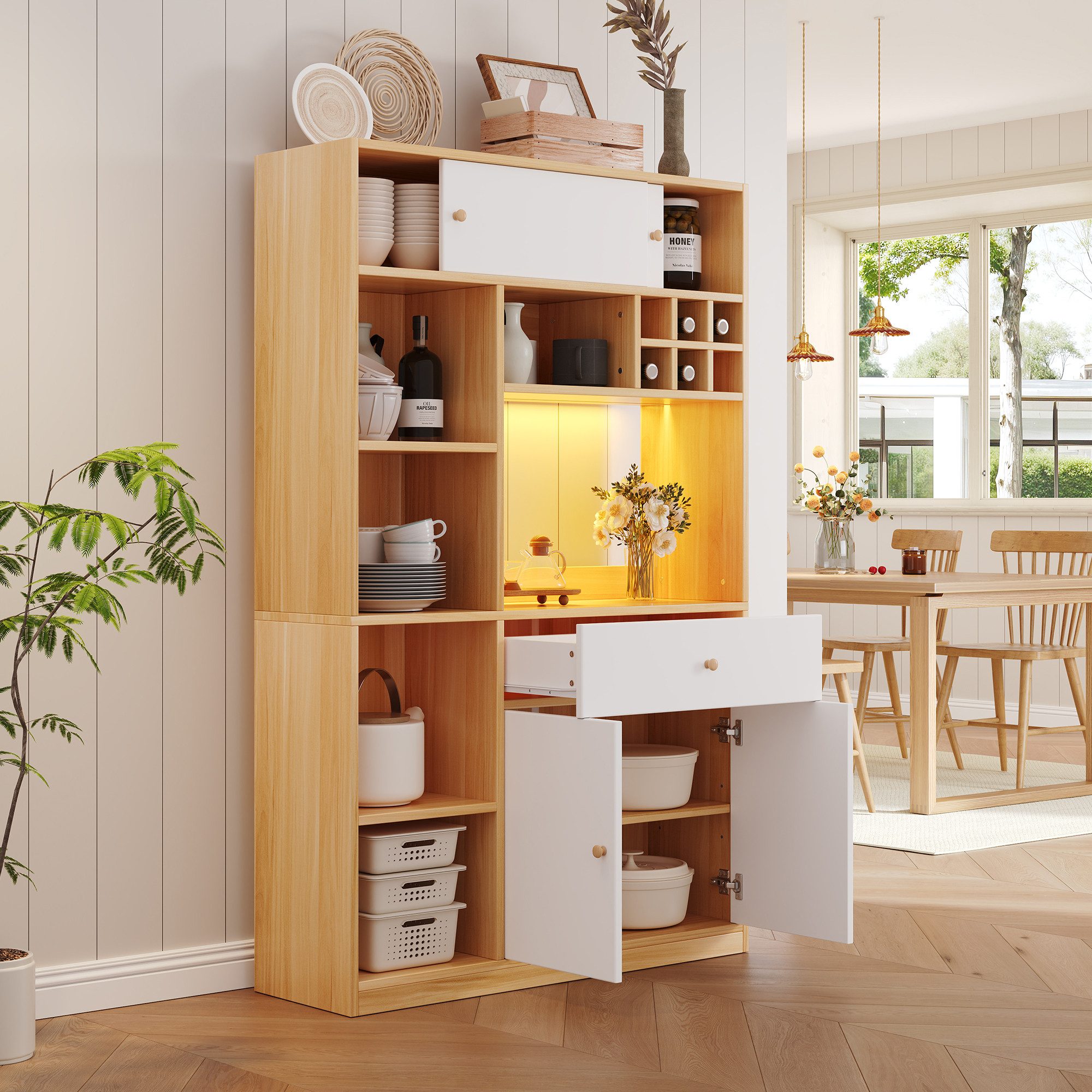 Merax Küchenbuffet mit LED- Beleuchtung, Küchenschrank Buffetschrank Kommode (1-St., B115 × T35 × H180 cm) Hochschrank Sideboard mit Schublade, 3 Türen und offenen Regalen