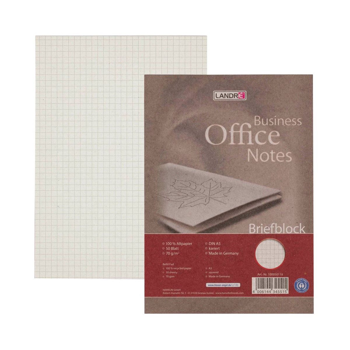 HAMELIN PAPERBRANDS Formularblock LANDRÉ® Briefblock Recycling DIN A5 kariert