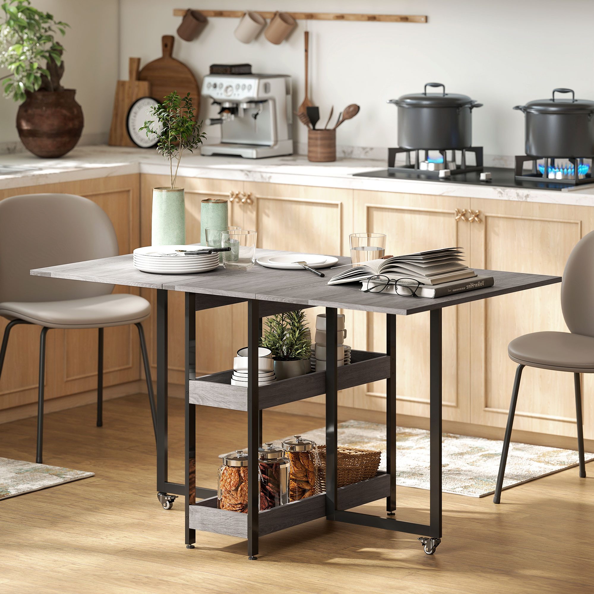 HOMCOM Klapptisch Esstisch Klappbar für 2-4 Personen mit 2 Offenen Ablagen (Küchentisch, 1-St., Mobiler Esszimmertisch), für Kleine Räume, Esszimmer, Küche 133,4 x 80 x 74 cm Grau