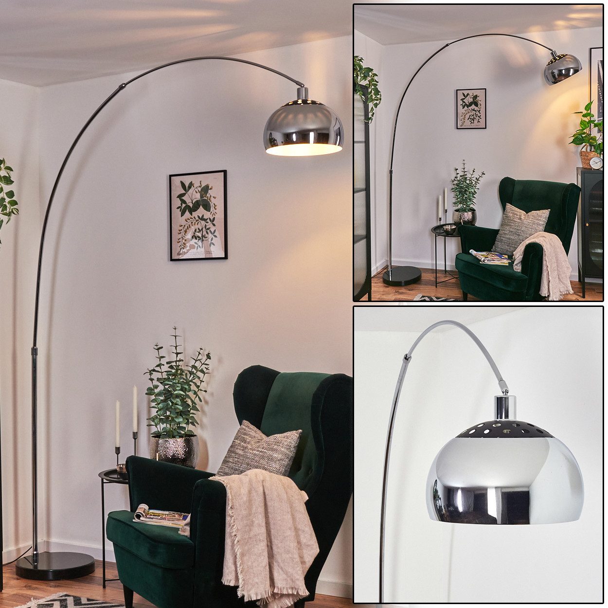 hofstein Bogenlampe Stehlampe Metall in Schwarz/Chrom/Rauch/Weiß/Schwarz im Vintage-Design, verstellbare Stehleuchte mit Marmorfuß, Lichteffekt, Fußschalter, E27