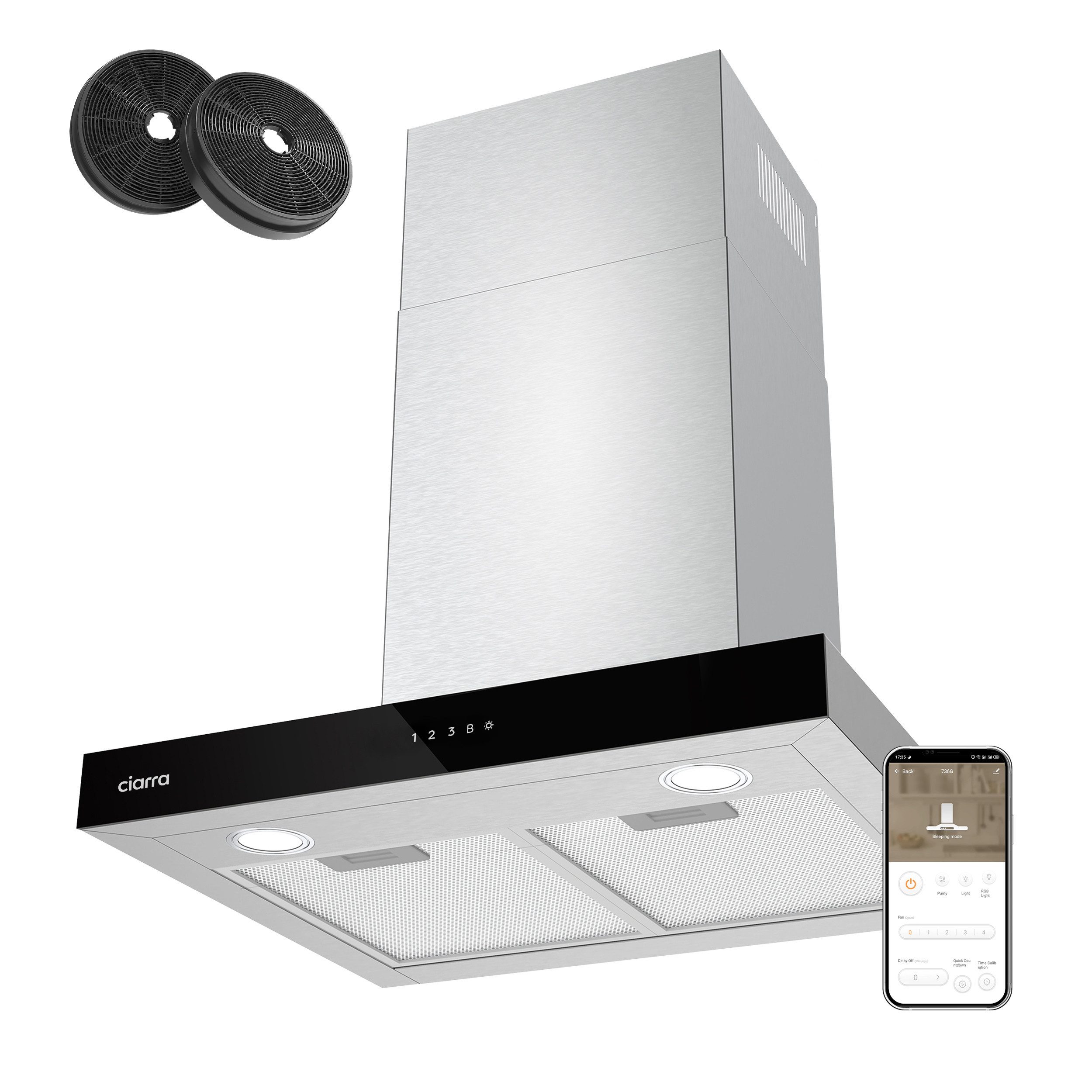 CIARRA Wandhaube 60 cm Dunstabzugshaube A+++ 706 m³/h Umluft & Abluft 4 Stufen CBCS6102 Aktivkohlefiltern, Fettfiltern, LED, WIFI-APP Touch Control mit BOOST