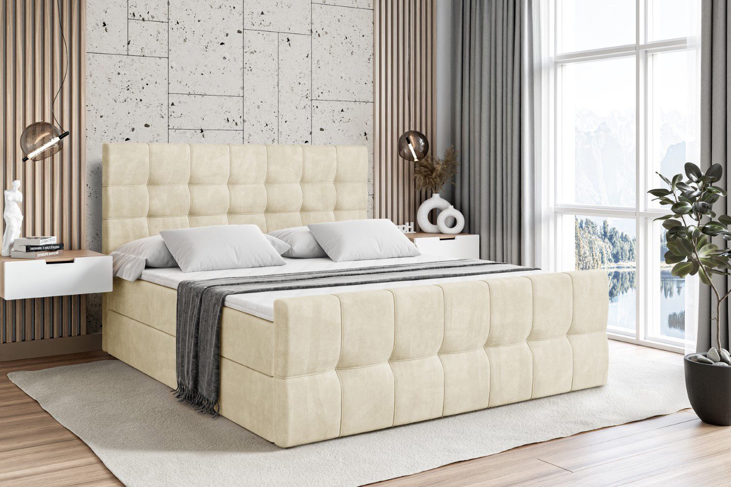 ALTDECOR Boxbett BERO-Z (mit Matratze Lattenrost Topper Polsterbett mit Bettkasten Doppelbett), H4 Multipocket / H3 Bonellfederung, Springboxbett Boxspringbett