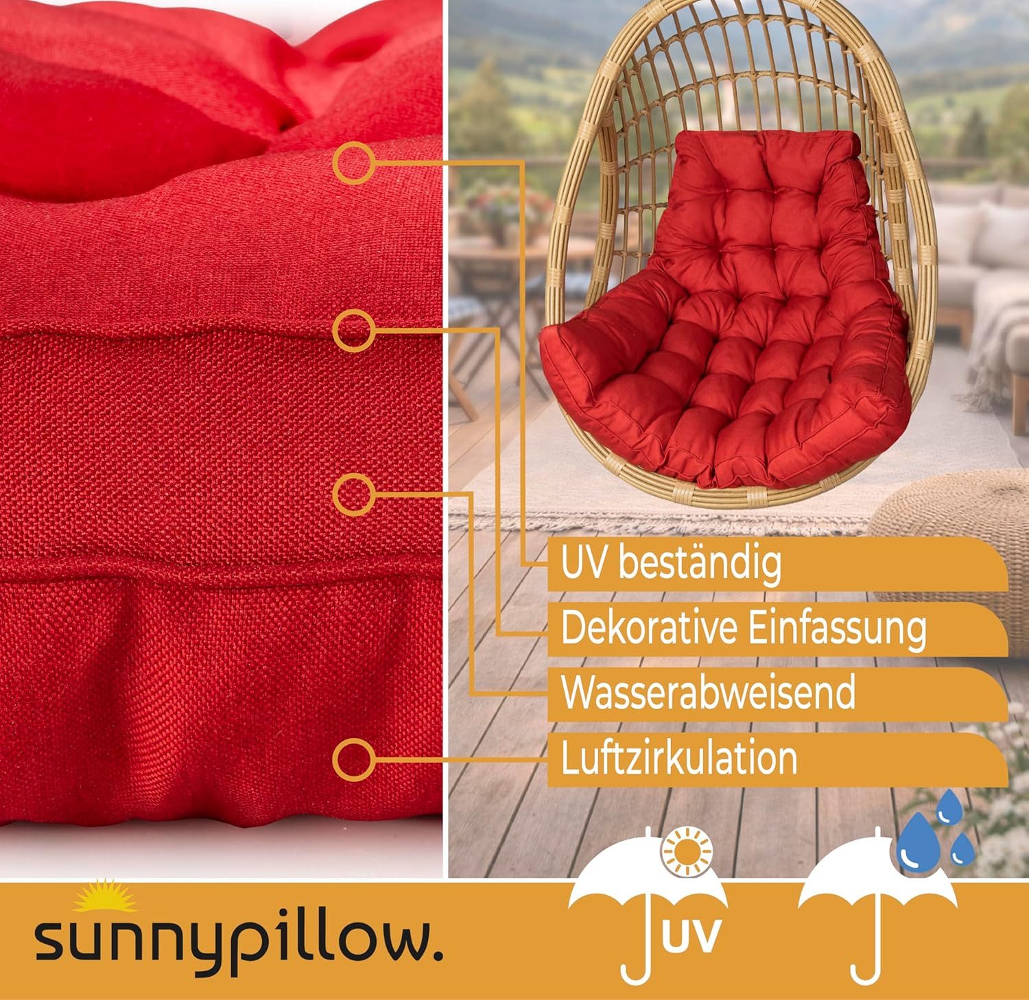 sunnypillow Polsterauflage Hängesessel Kissen - Auflage für Rattan & Polyrattan Hängeschaukel, Rot
