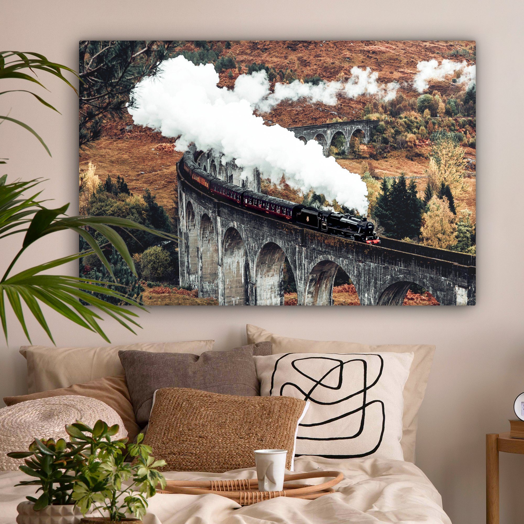 OneMillionCanvasses® cm Natur - XXL, Architektur, Wohnbereiche, Gemälde, alle St), Wandbild Leinwandbild 120x80 für - (1 großes, - Herbst Zug