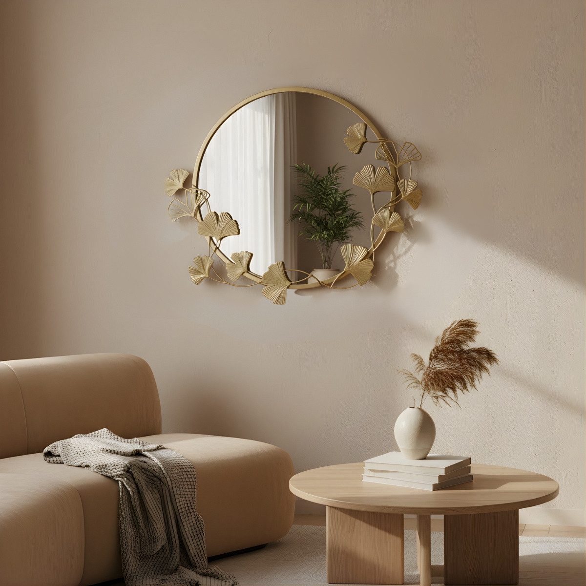 SCENA LIVING Wandspiegel Runder Wandspiegel mit Zierrahmen SOL, Ø 50 cm, Ginkgo-Rahmen