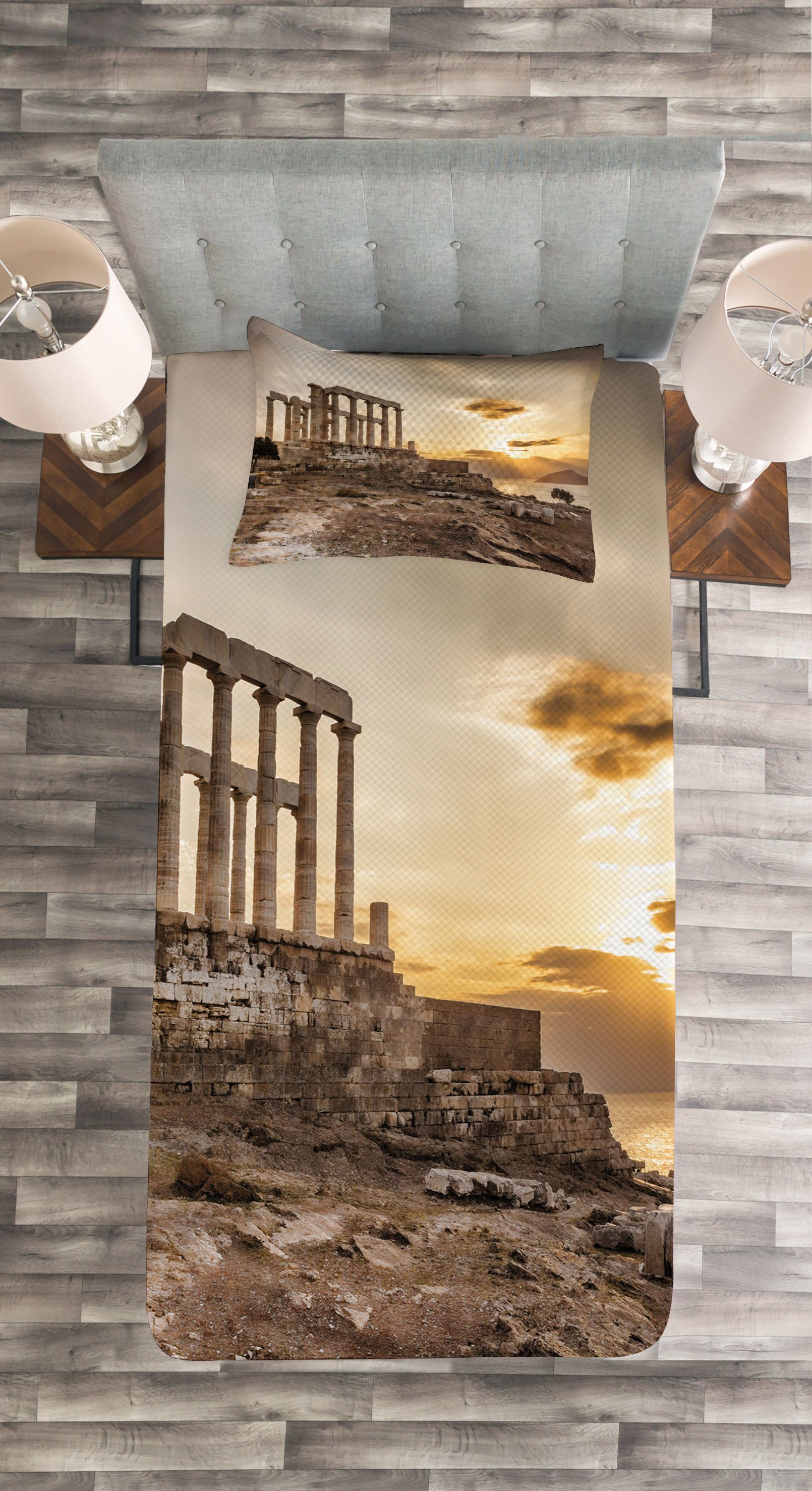 Abakuhaus, Tagesdecke Griechische Säule Kissenbezügen Set Waschbar, Poseidon Gebäude mit