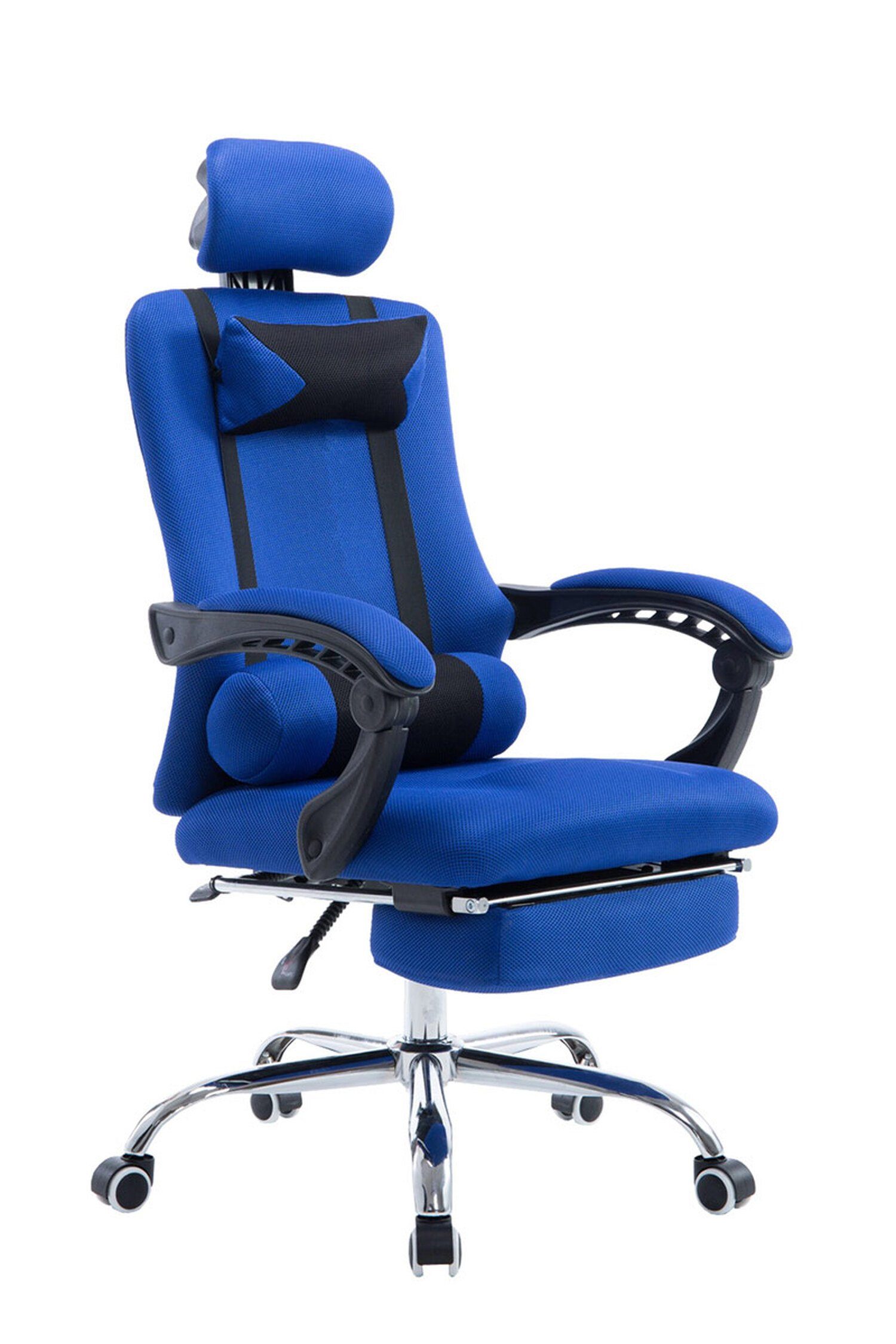 TPFLiving Bürostuhl Fellini mit bequemer Rückenlehne - höhenverstellbar und 360° drehbar (Schreibtischstuhl, Drehstuhl, Chefsessel, Konferenzstuhl), Gestell: Metall chrom - Sitzfläche: Stoff in Netzoptik blau