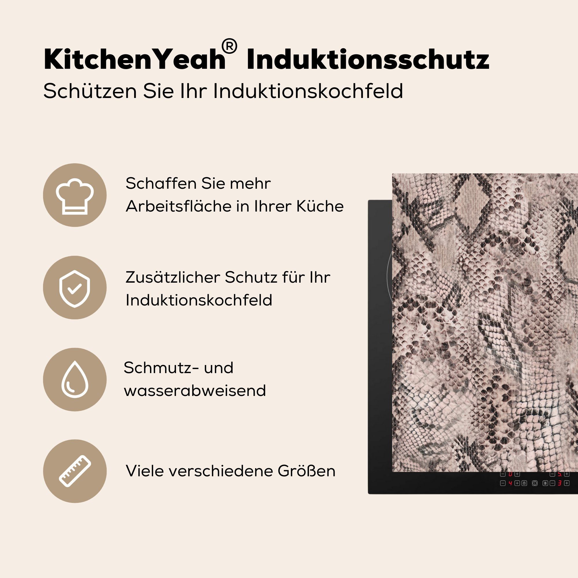 Tierhaut küche, (1 59x52 die Schlange tlg), für - MuchoWow Induktionsmatte - Grau, Vinyl, Herdblende-/Abdeckplatte - Schuppen cm, Ceranfeldabdeckung