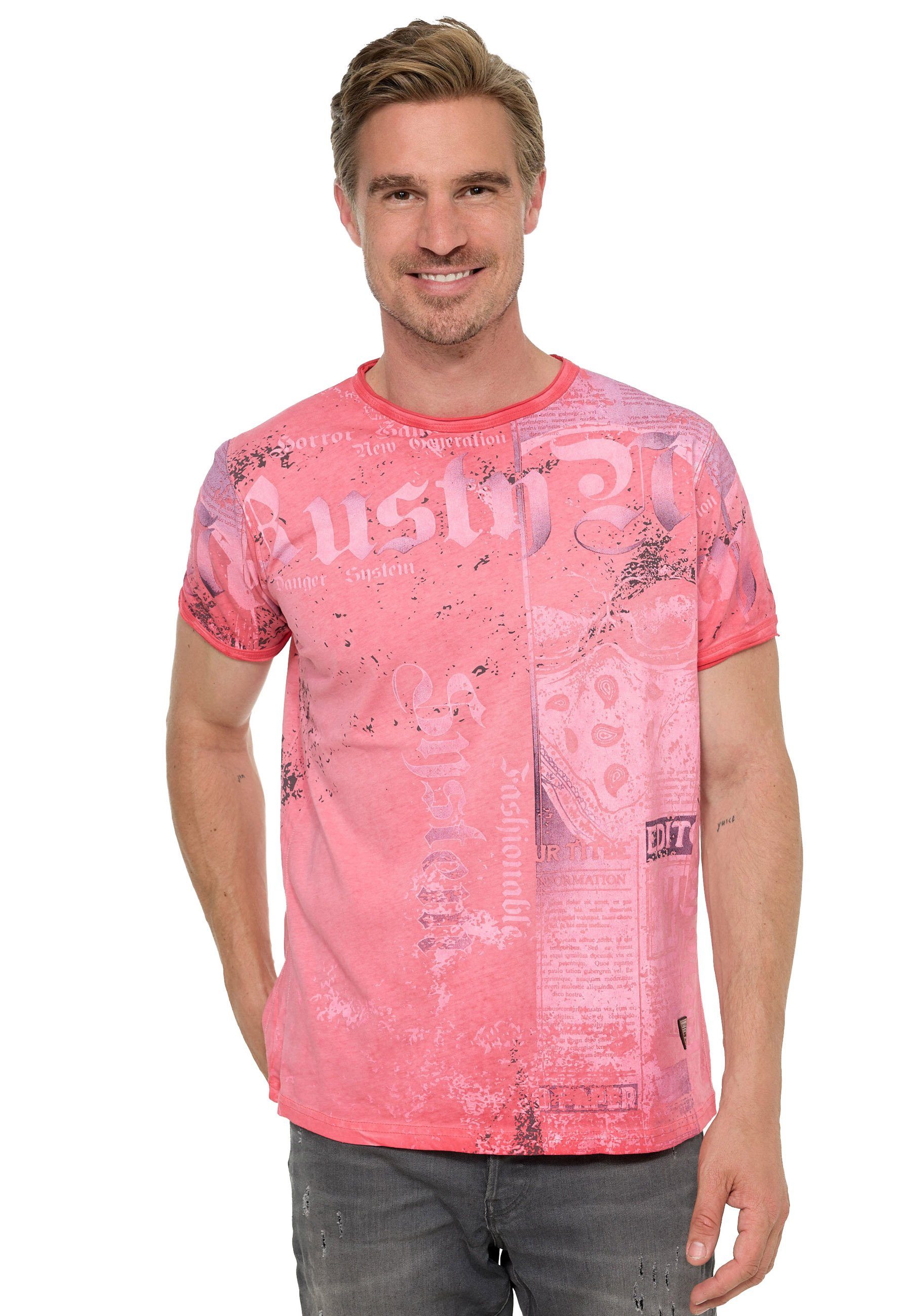 Rusty Neal T-Shirt mit Allover-Print im Used-Look koralle