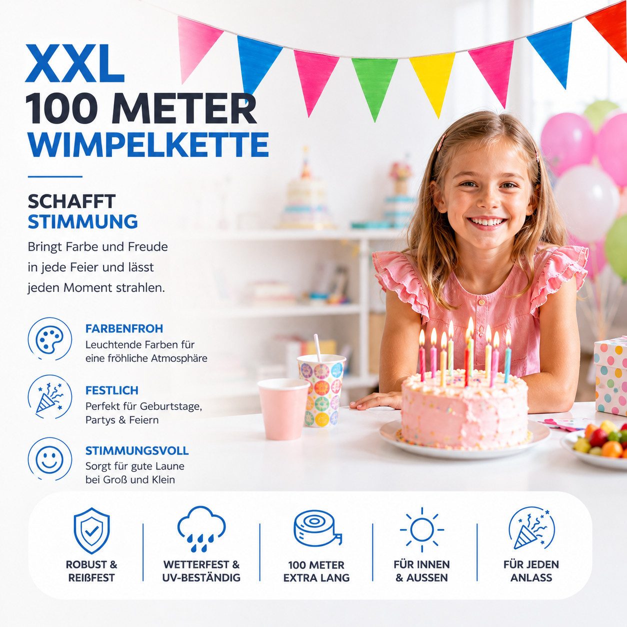 FESTIFUN Wimpelkette Bunte Wimpelkette aus Stoff, 100 m Gesamtlänge, wiederverwendbar – Bild 2 von 5