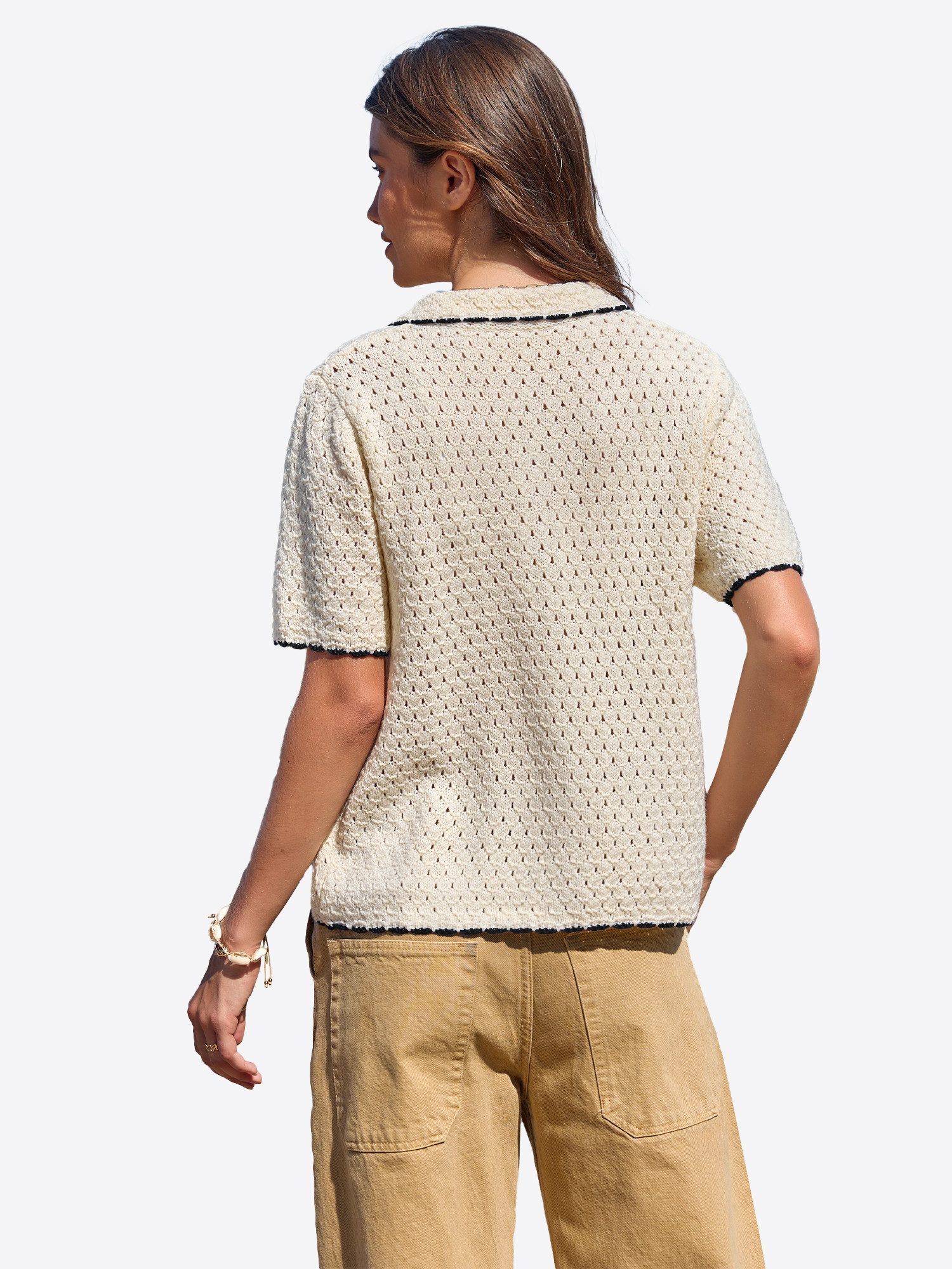 Imily Bela Cardigan Damen Kurzarm mit Lochmuster Polokragen und Kontraststr günstig online kaufen