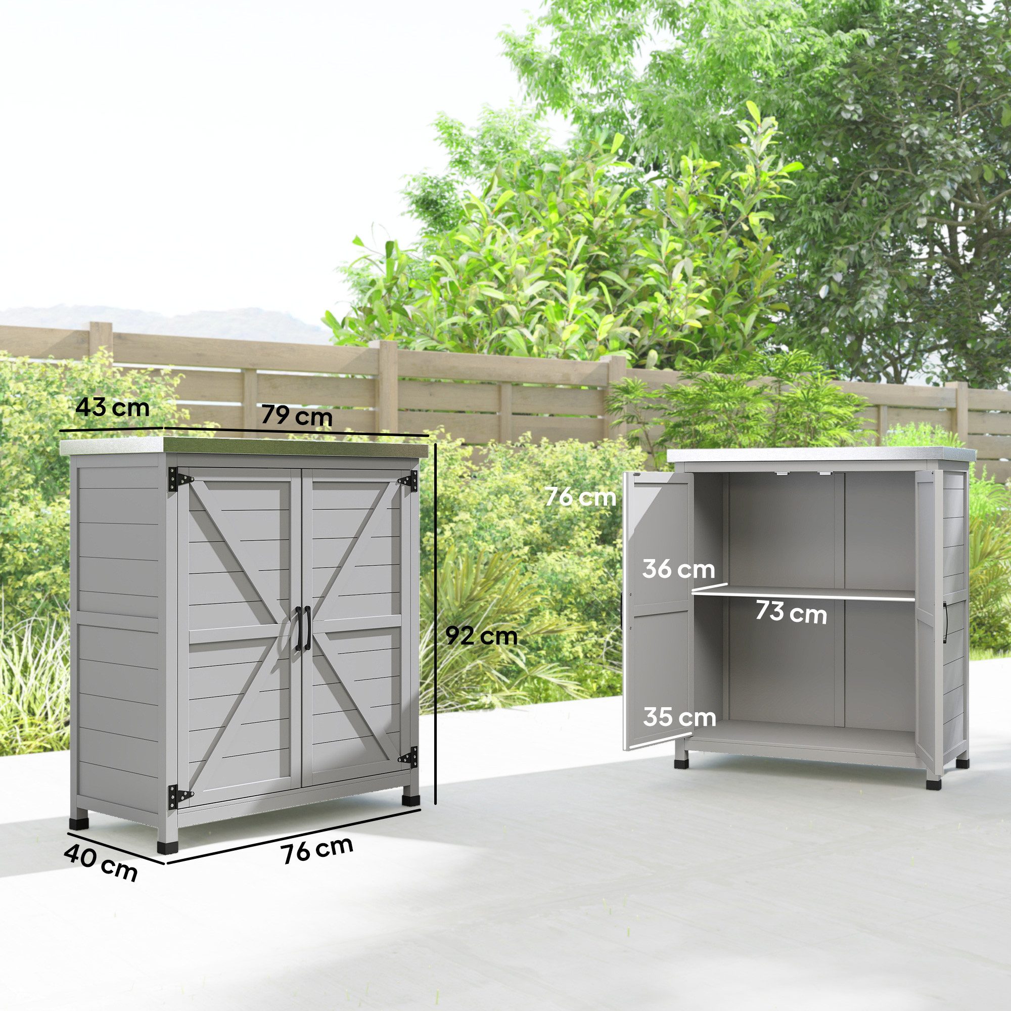 Outsunny Geräteschrank Outdoor, wetterfest, mit Arbeitsplatte, Doppeltür, Einlegeboden (Geräteschuppen, 1-St., Gartenschrank Holz) für Garten, Terrrasse, Grau