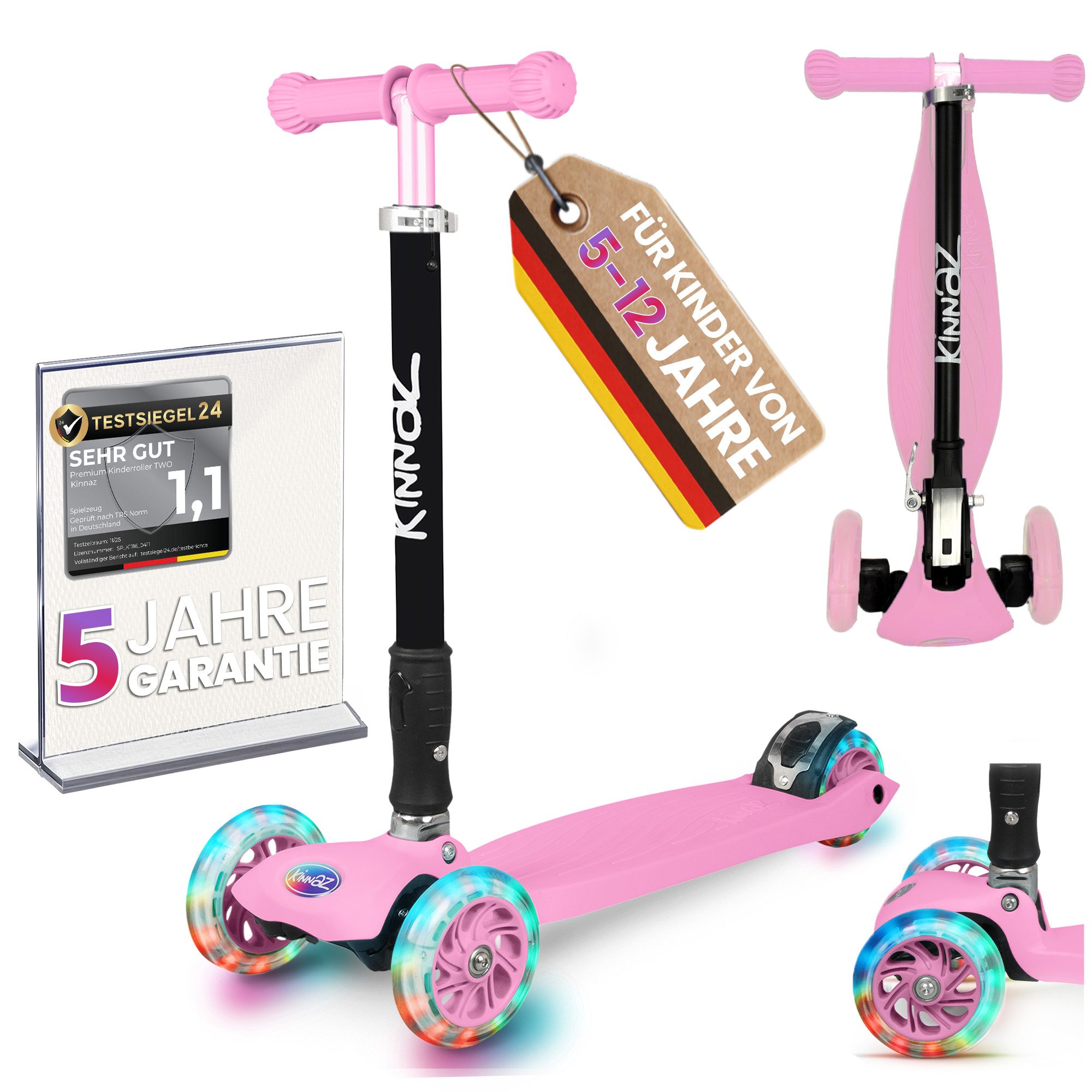 KINNAZ Tretroller Kinderroller ab 5 Jahre, faltbar, Höhe einstellen, LED Räder, Garantie, (Kinderroller, Kinnaz Two), faltbar, höhenverstellbar, LED Räder, Ersatzteilservice, aus Hamburg