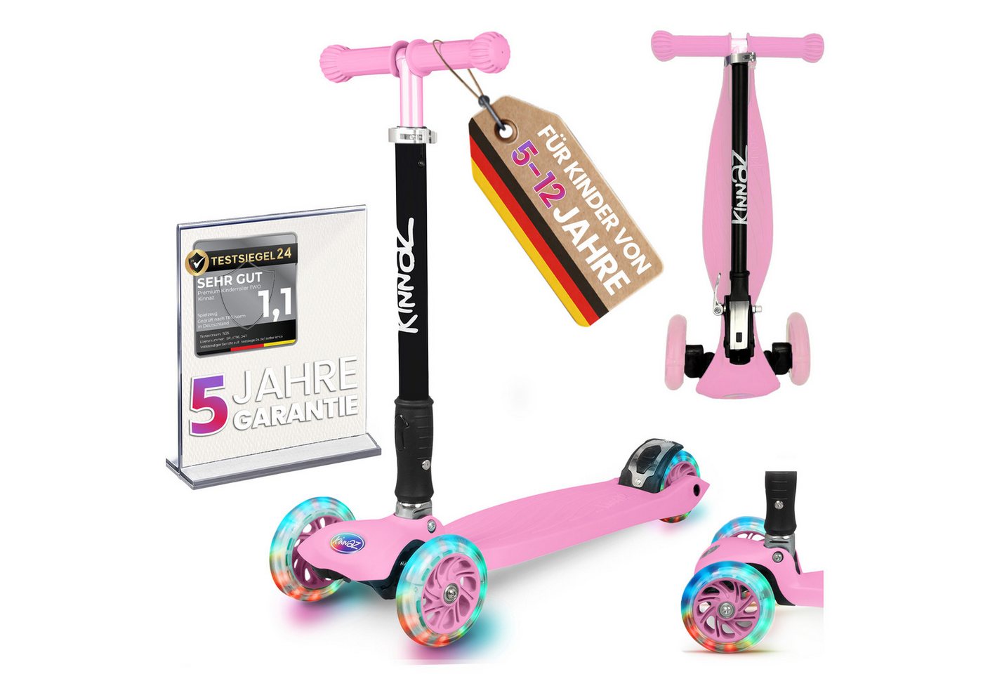 KINNAZ Dreiradscooter ab 5 Jahre, LED Räder, Höhe flexibel, faltbar, Roller Scooter Garantie, (Kinderroller, Kinnaz Two), faltbar, höhenverstellbar, LED Räder, Ersatzteilservice, aus Hamburg
