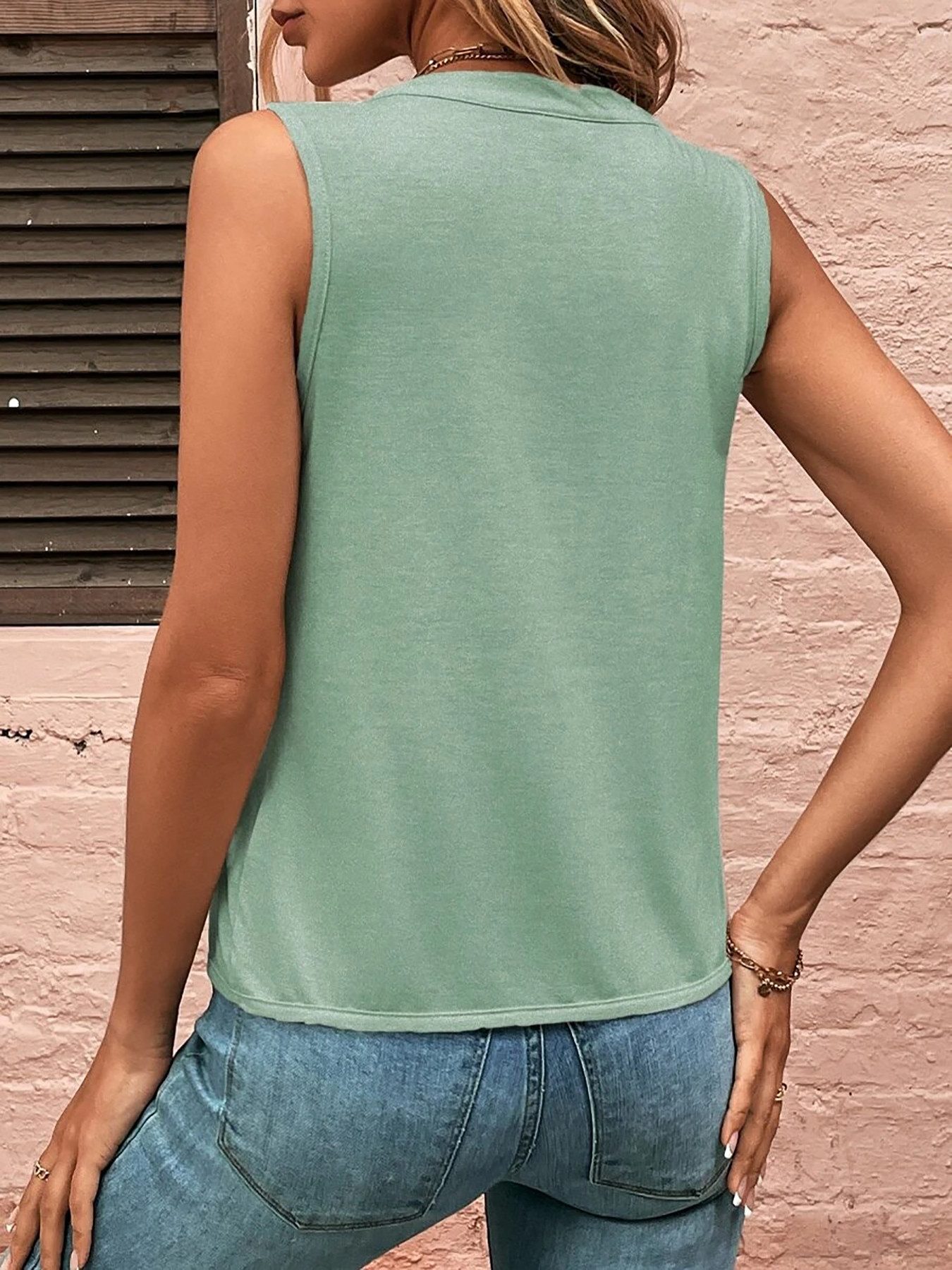 DEBAIJIA Kurzweste Damen Tank Top Plissee V-Ausschnitt Ärmellos T-Shirt Sommer Elegant – Bild 4 von 5