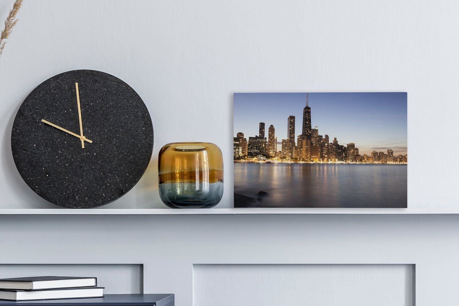 Aufhängefertig, cm Wandbild 30x20 Leinwandbilder, OneMillionCanvasses® Skyline Chicago Wasser, St), - - (1 Wanddeko, Leinwandbild