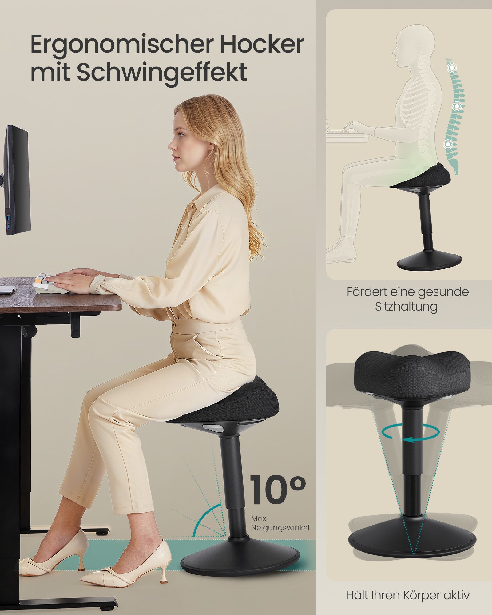 SONGMICS Arbeitshocker, Stehhocker um 360° neigbar, Schreibtischstuhl, Anti-Rutsch
