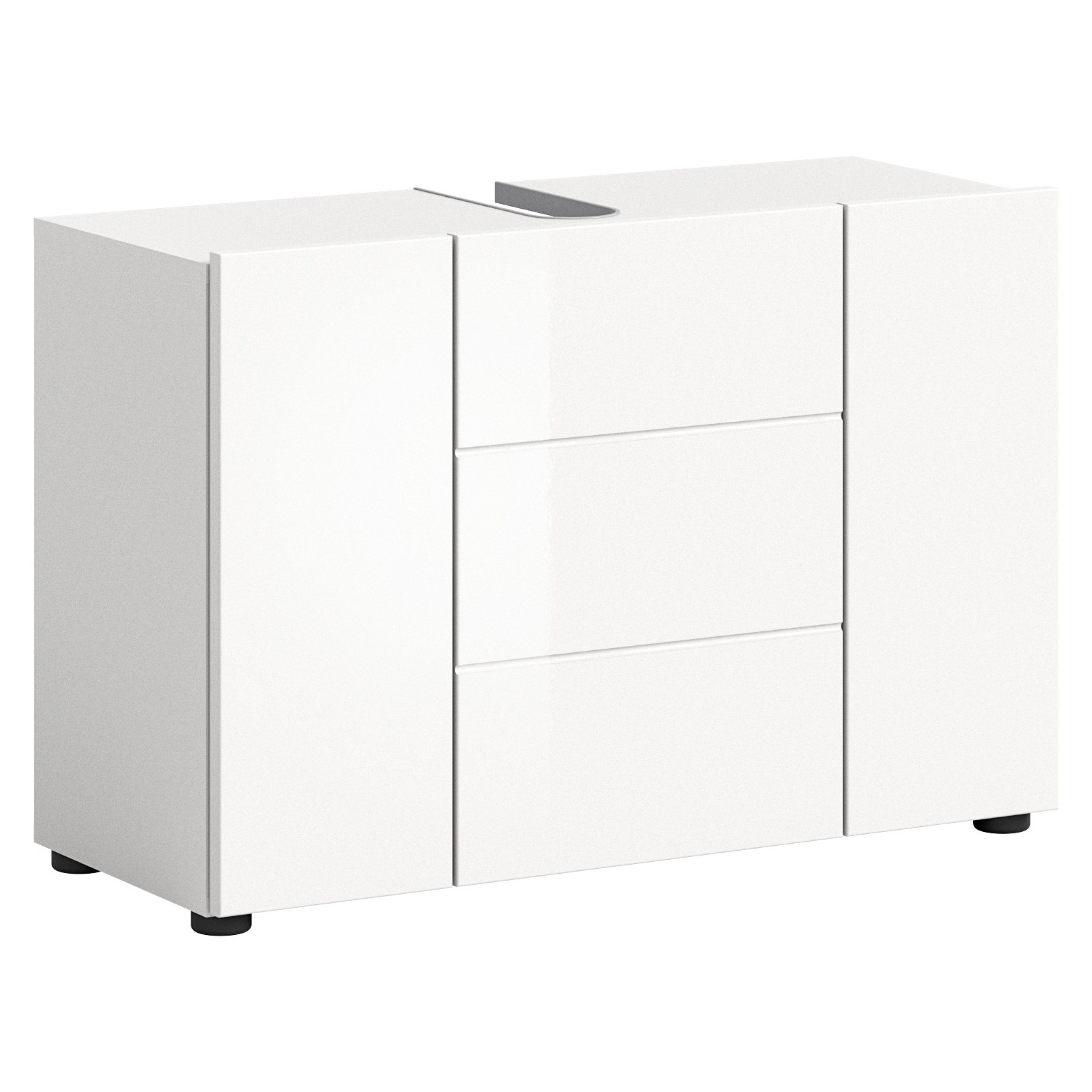 furnling Waschbeckenunterschrank Vera 82 cm breit, weiß hochglanz, 3-türig, grifflos, mit Siphon-Ausschnitt