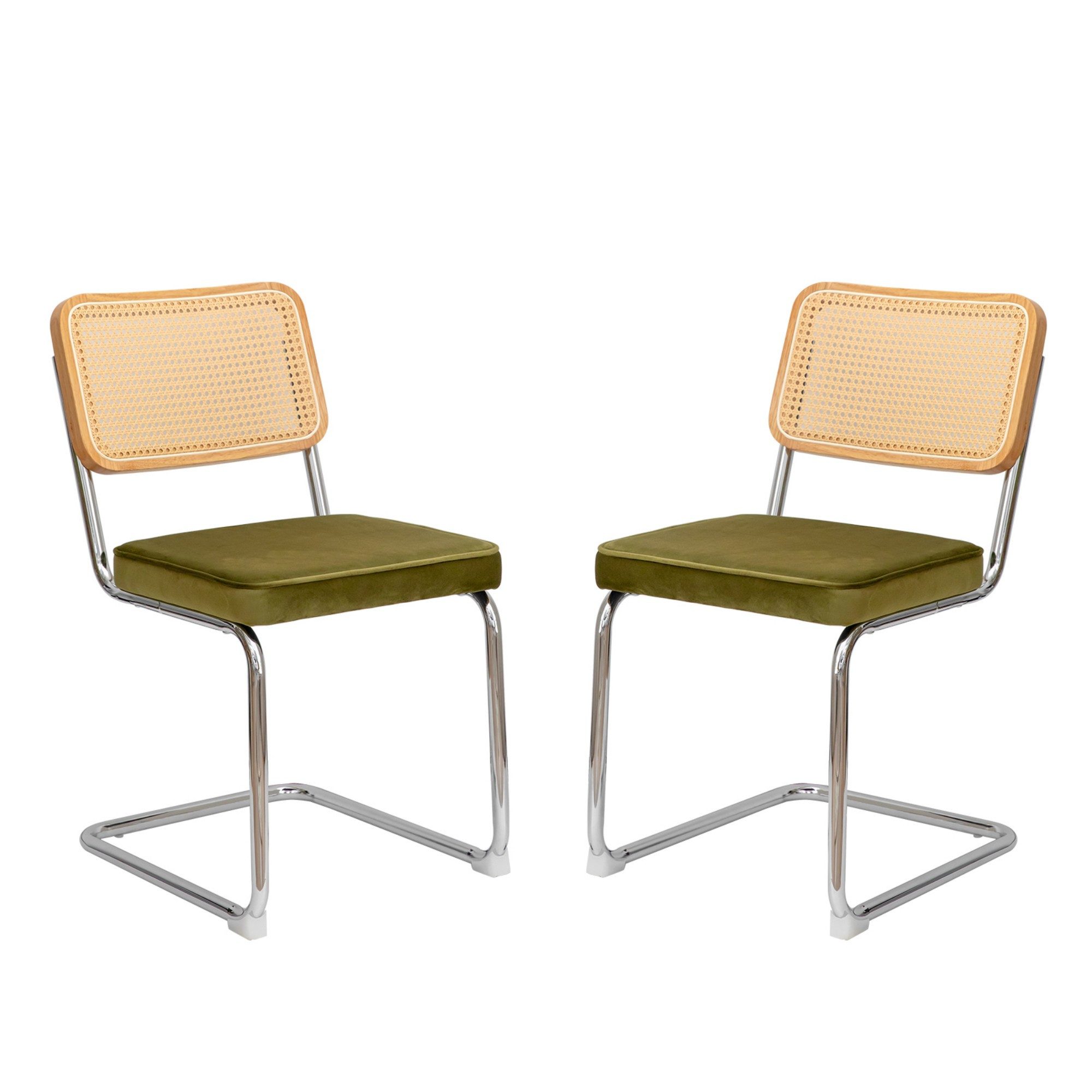 LVHOM Freischwinger Schwingstuhl, Esszimmerstuhl, 2-er Set,Ratten,Wiener Geflecht (Mittelalterlicher Stil, Samtstoff, atmungsaktive Rattan-Rückenlehne, Stahlrohrbeine, rutschfestes Design, belastbar 125kg, 2 St), ideal für Esszimmer,Wohnzimmer,Arbeitszimmer,Schlafzimmer,Studio,Cafés