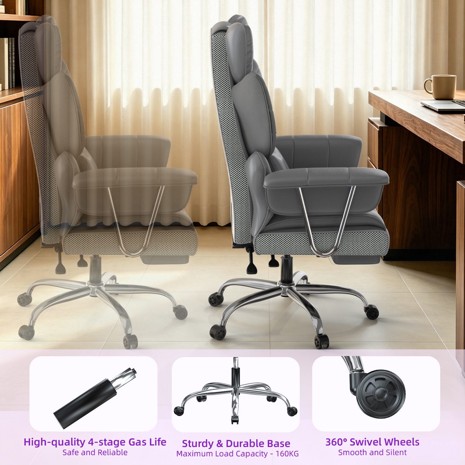 ZAISZE Bürostuhl Ergonomischer Leder Chefsessel mit Fußstütze – Komfort & Stil (Spar-Set), Hochlehner,Kopfstütze & Lordosenstütze,Höhenverstellbar & Drehbar – Bild 4 von 5