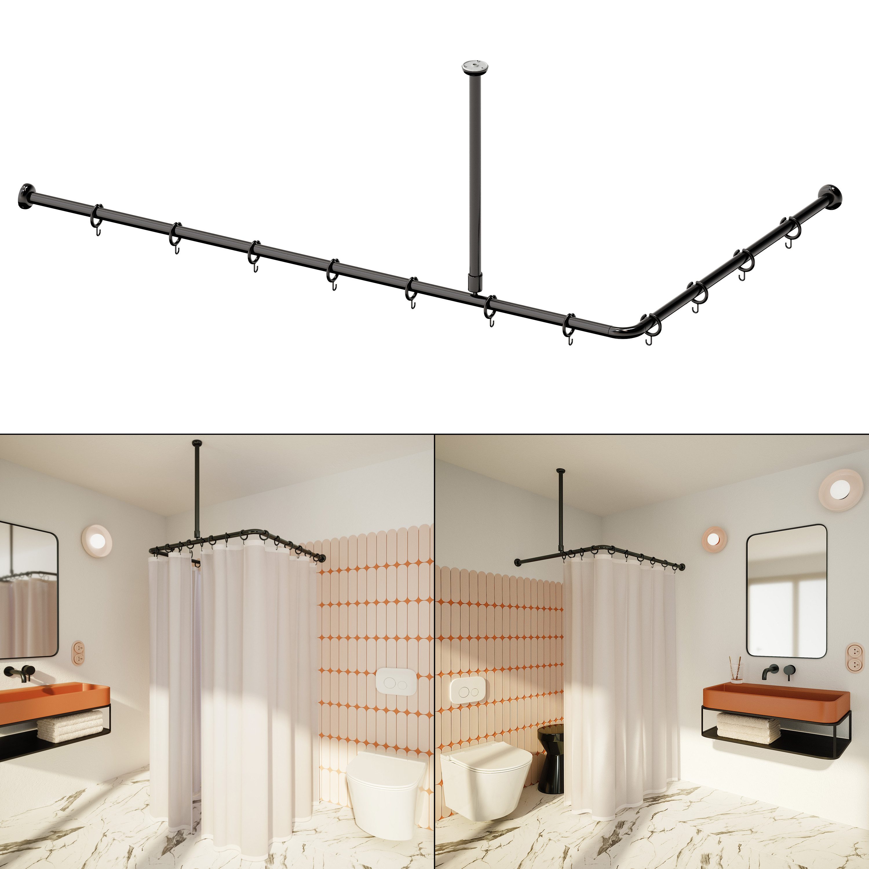 Aquabad® Duschvorhangstange Hastaflex Vario Duschvorhangstange, 2-läufig, kürzbar, Aluminium, Farbe: Schwarz, 90x90cm bis 80x 175cm