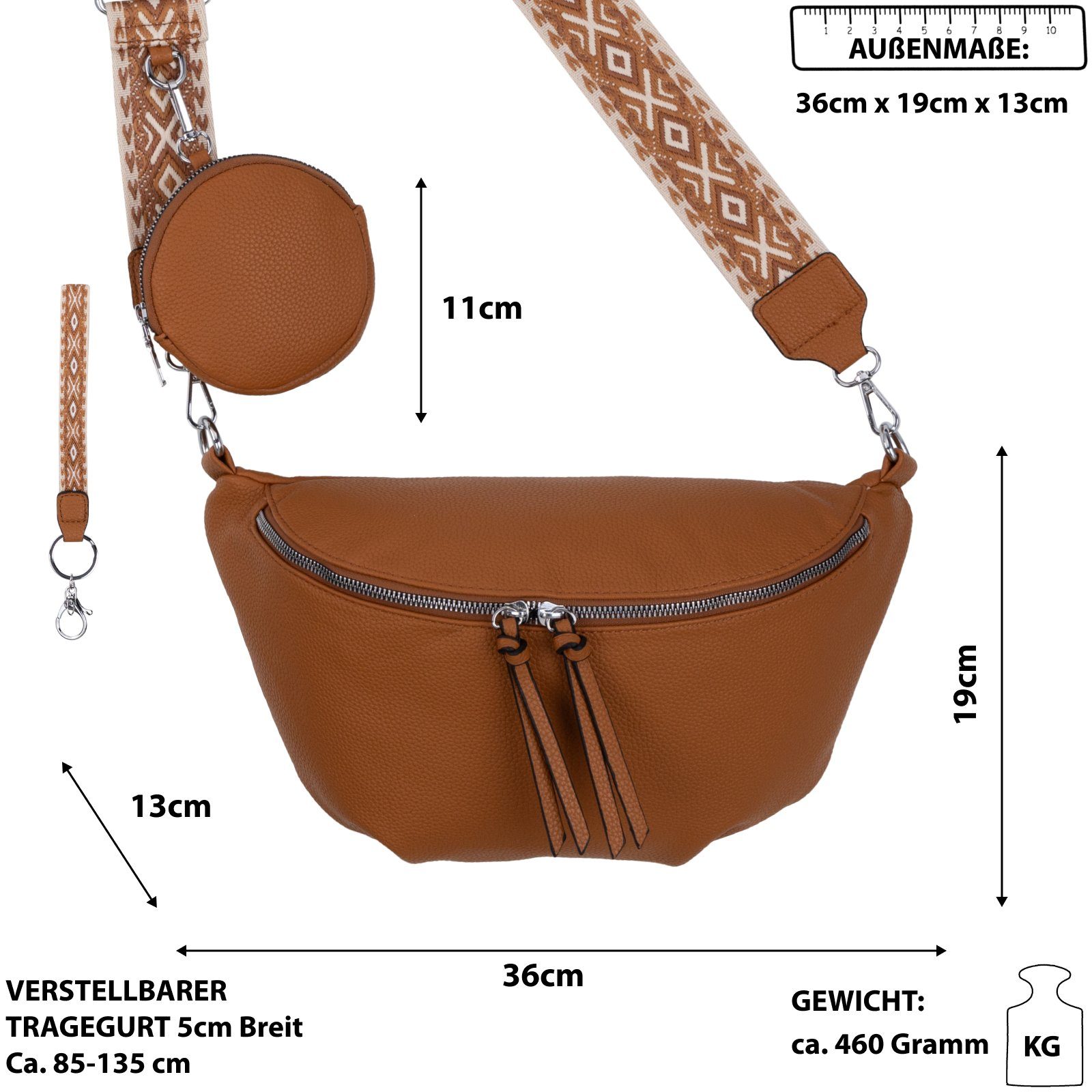 Crossbody-Bag Bauchtasche Schultertasche, CrossOver, Umhängetasche EAAKIE BROWN tragbar Kunstleder Italy-D, als Umhängetasche Hüfttasche Gürteltasche