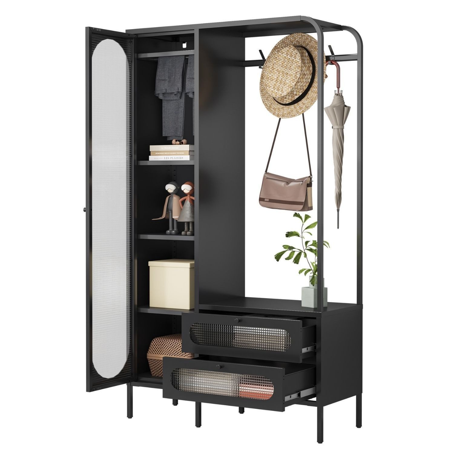 Coemo Standvitrine PARIS (1-St) Schwarz Garderobenschrank, 2 Schubladen, Metall Aufbewahrungsschrank