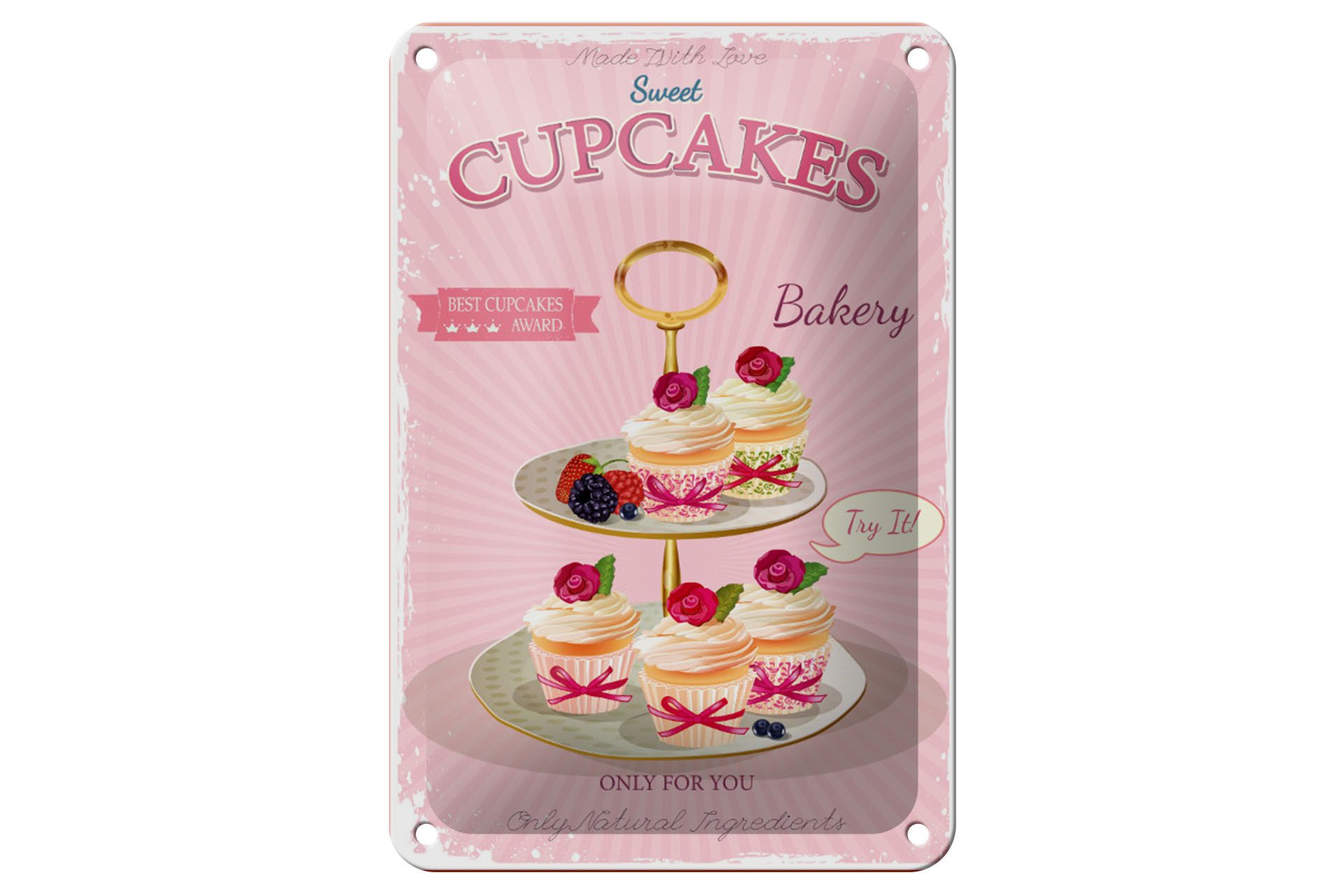 Femer GmbH Metallschild Essen 12x18cm sweet Cupcakes best award, (1 St), gewölbte Oberfläche, abgerundete Ecken, umgeschlagene Kanten