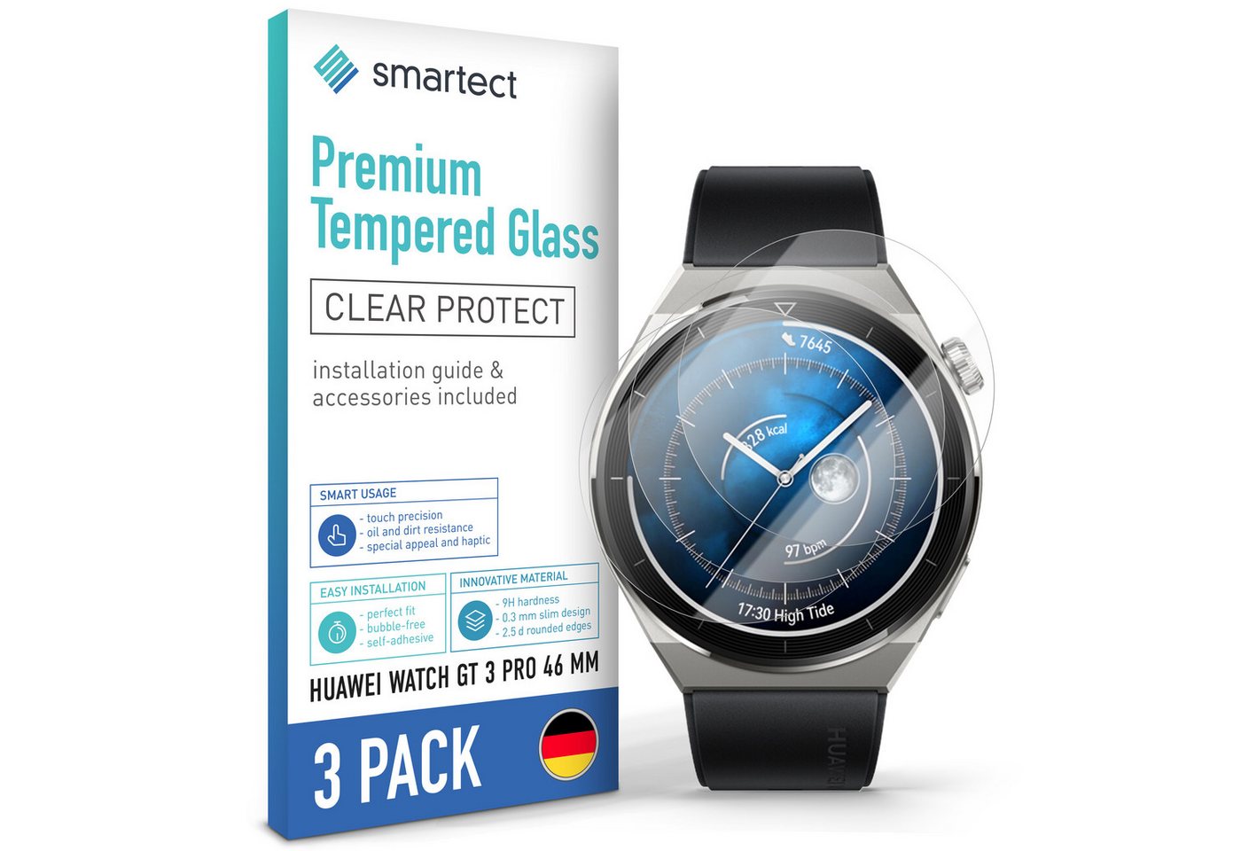 smartect Displayschutzglas 3X Schutzglas Panzerfolie Klar für Huawei Watch GT 3 Pro 46 mm für Huawei Watch GT 3 Pro 46 mm, Set, 3 Stück, 0.3 mm Ultra-klar, 9H Härte, Kratzfest, Stoßfest, Blasenfrei, Oleophob