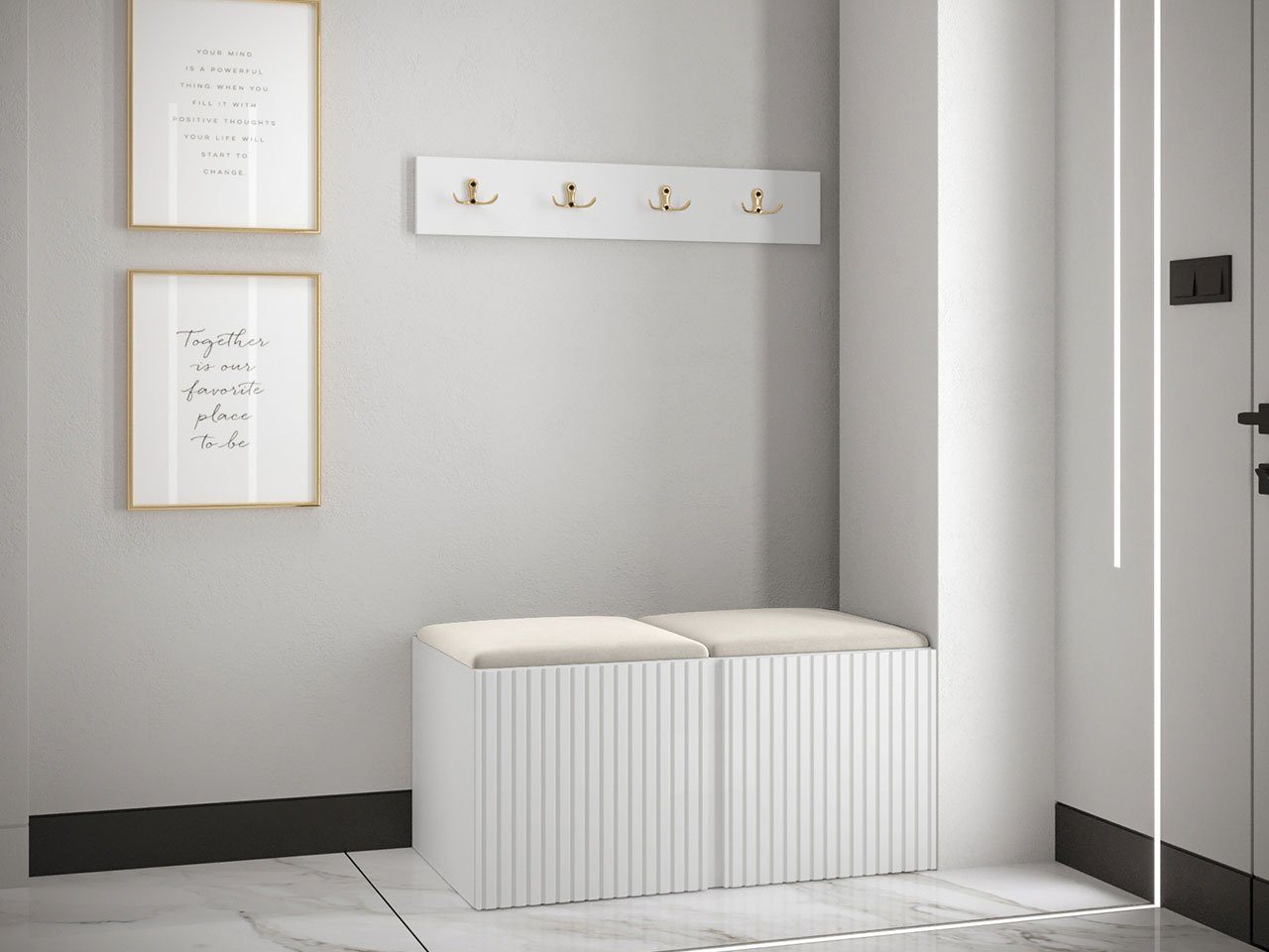 MIRJAN24 Garderoben-Set Orion Ryfel Slim VI, (Schuhschrank, Kleiderhakenbrett, 2x Sitzpaneel 42x42), 4 Kleiderhaken für Kleidung, Metallgriffe
