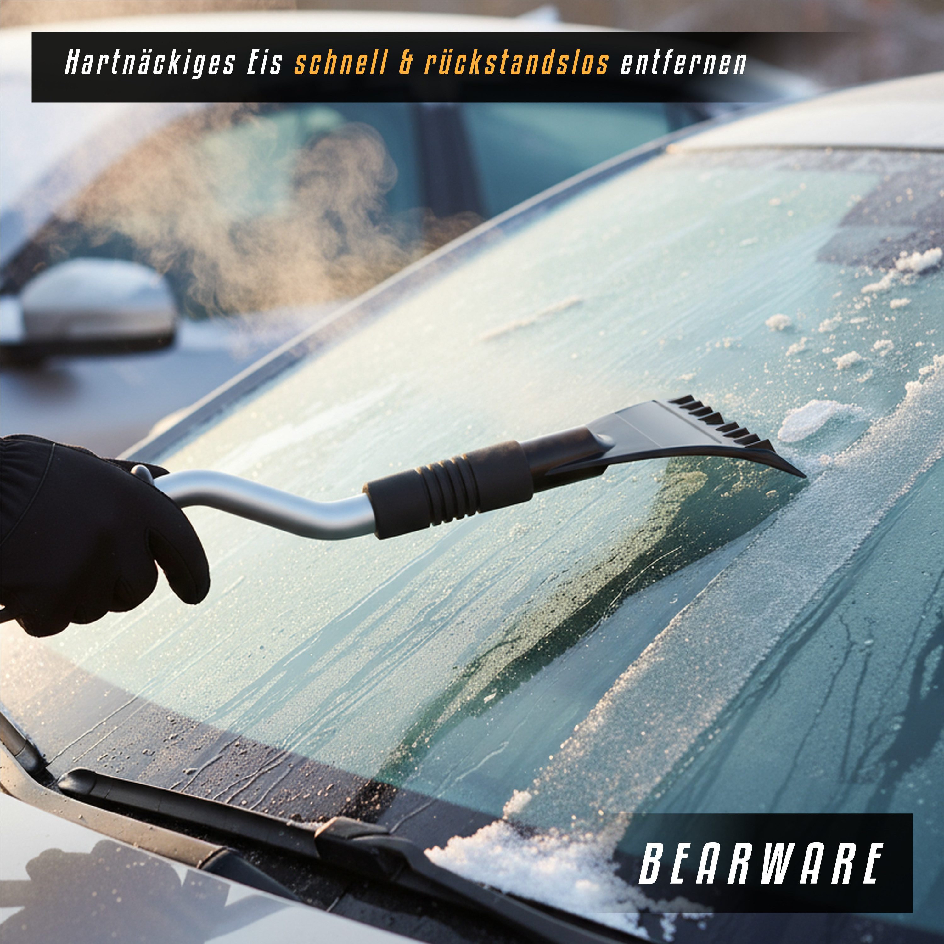 BEARWARE Ice Scraper with Snow Brush for Car, Motorhome & Truck made of shatterproof ABS, gentle 2-in-1 scraper & snow brush, 80cm long with ice breaker teeth
