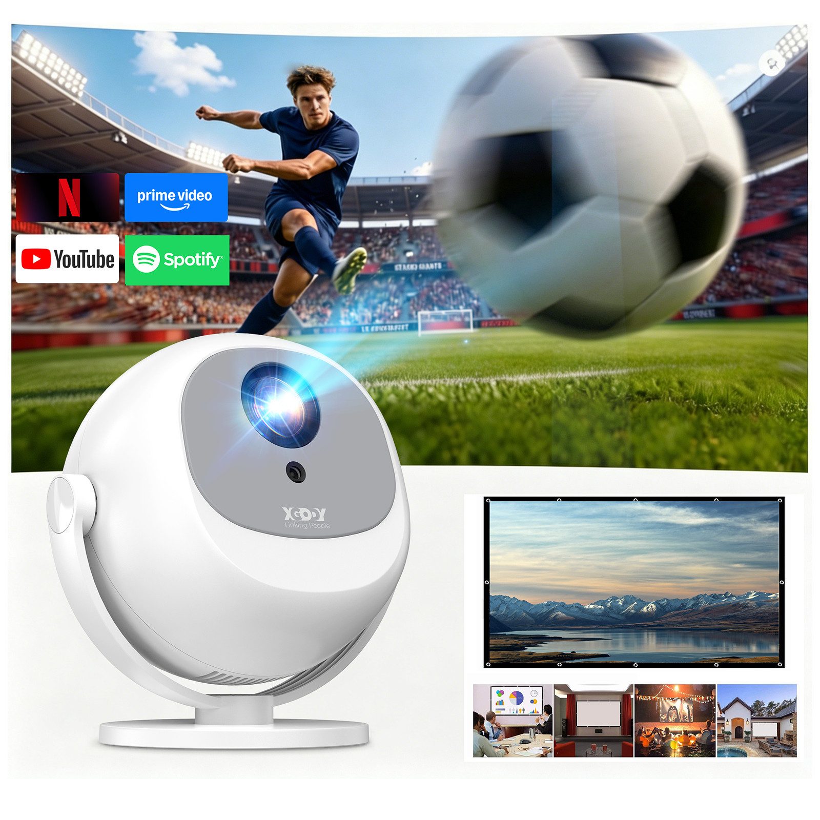 XGODY Gimbal A2 Portable LCD Projektor LED beamer mit leinwand 4k smart wifi Mini-Beamer (300 lm, 10000:1, 3840 x 2160 px, Bluetooth & WiFi 6, elektrischer Fokus, Projektionsgröße 35-130 Zoll)