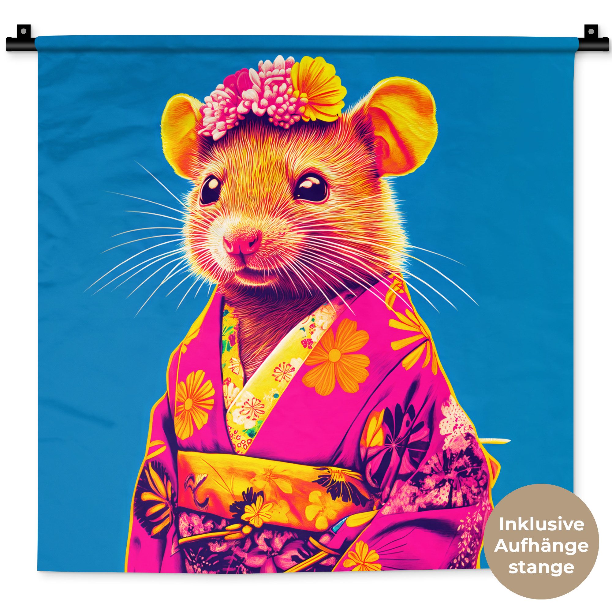 MuchoWow Wandteppich Maus - Kimono - Blumen - Blau, Quadratisch, Höhe: 3 mm, Wand Teppich, Deko für an den Wand, 60x60 cm