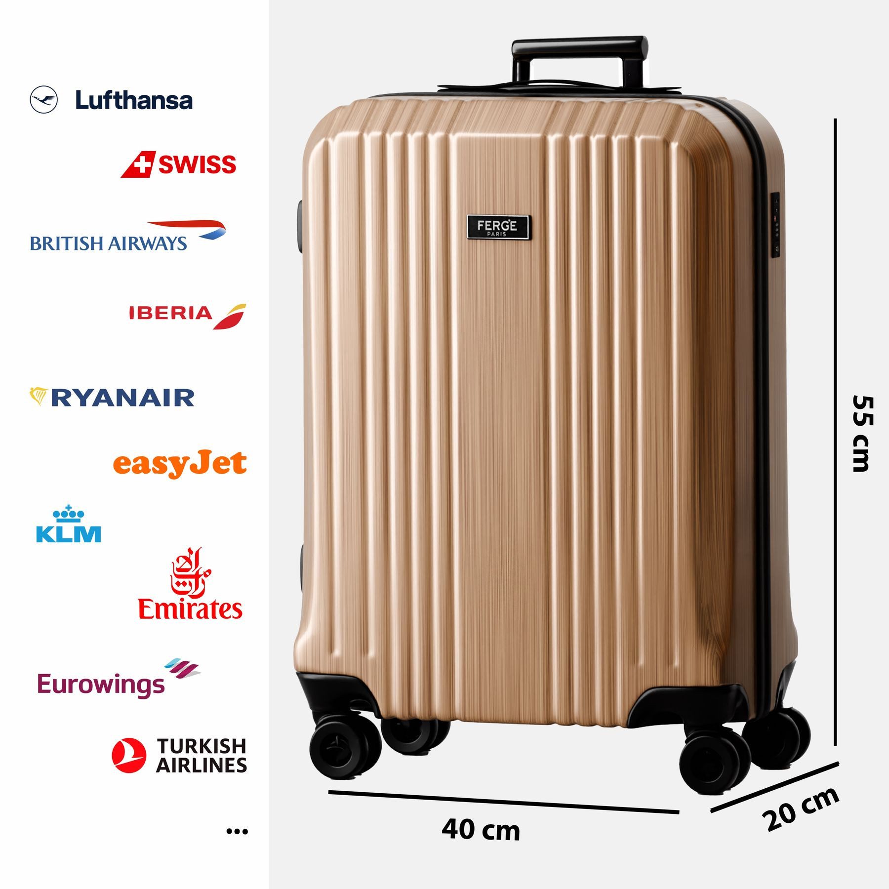 FERGÉ Koffer Hartschale Handgepäck Koffer CANNES TSA-Schloß Bronze Metallic, Trolley Carry-On 55 cm, Premium Reisekoffer 4 Doppelrollen TSA-Schloss