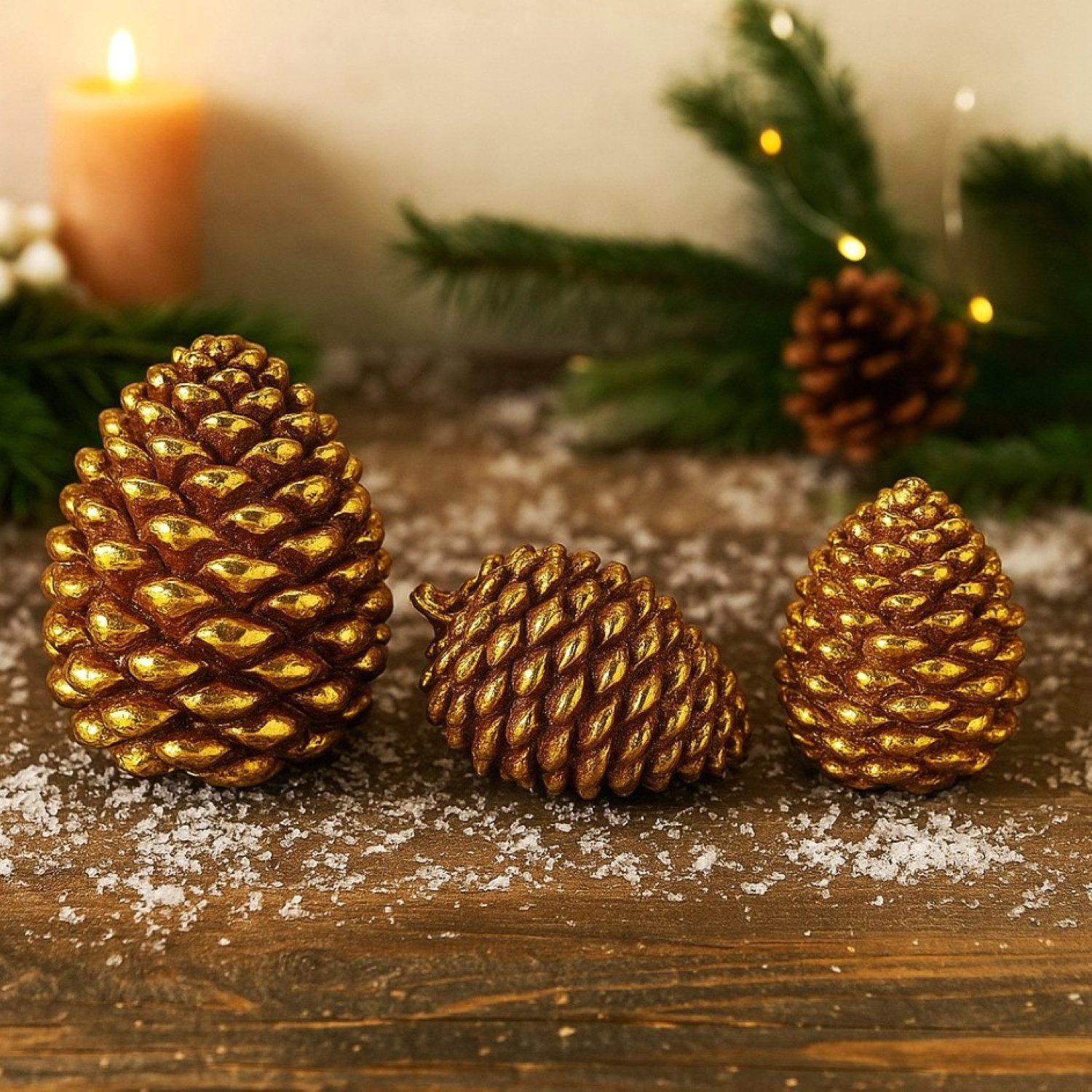 Online-Fuchs Dekoobjekt 3 Tannenzapfen in verschiedenen Größen - Herbstdeko und Winterdeko (Weiß oder Gold, Vintage Optik), mit Glitzerelementen - Weihnachtsdekoration