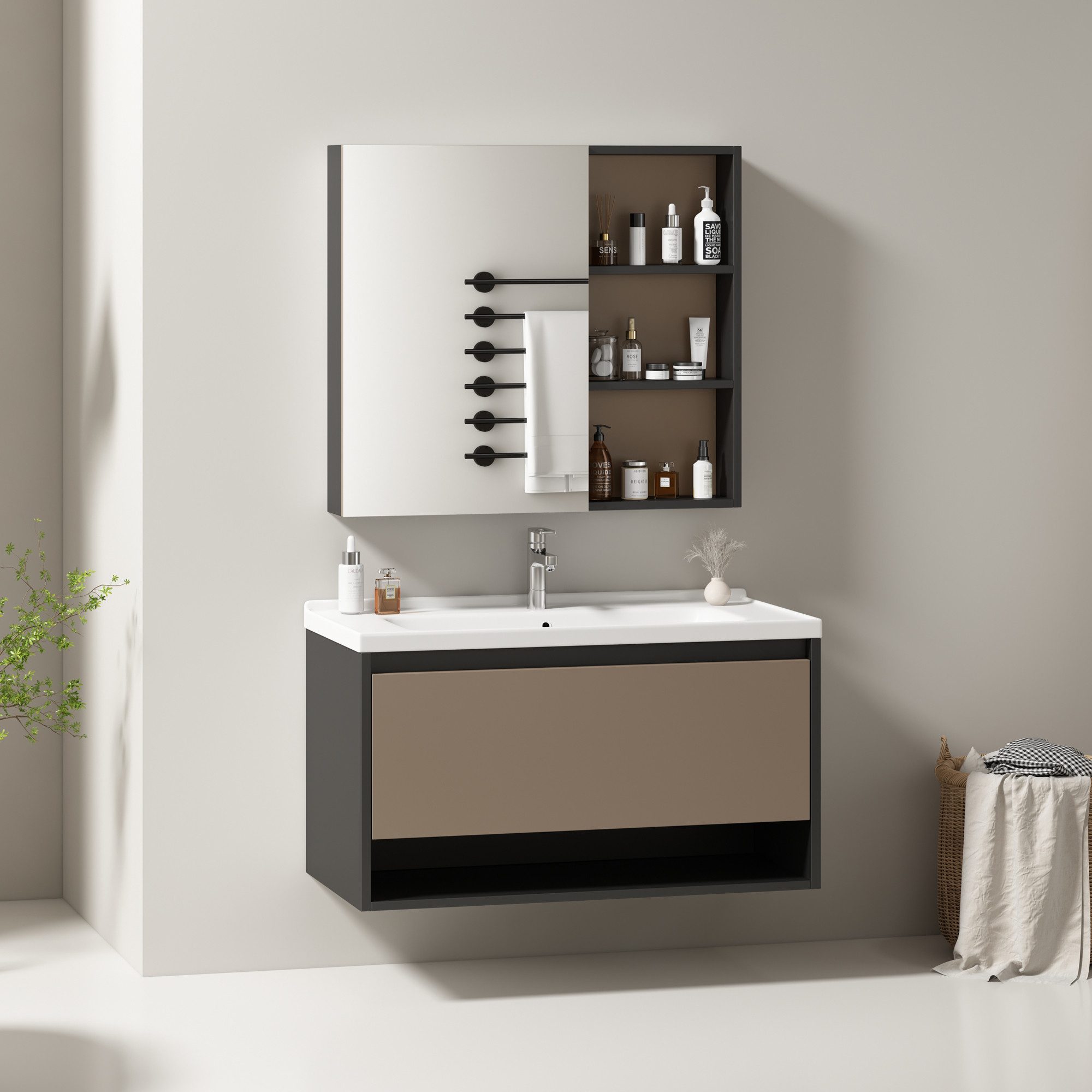 HAUSS SPLOE Badezimmer-Set hängend 90cm breit mit Keramikwaschbecken,Spiegelschrank, hellgrau