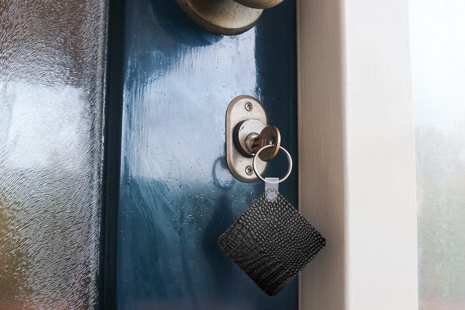 MuchoWow Schlüsselanhänger Leder - Textur - Schwarz - Grau, Quadratisch, Accessoire Auto / Haus / Rucksack / Handtasche, 5x5 cm
