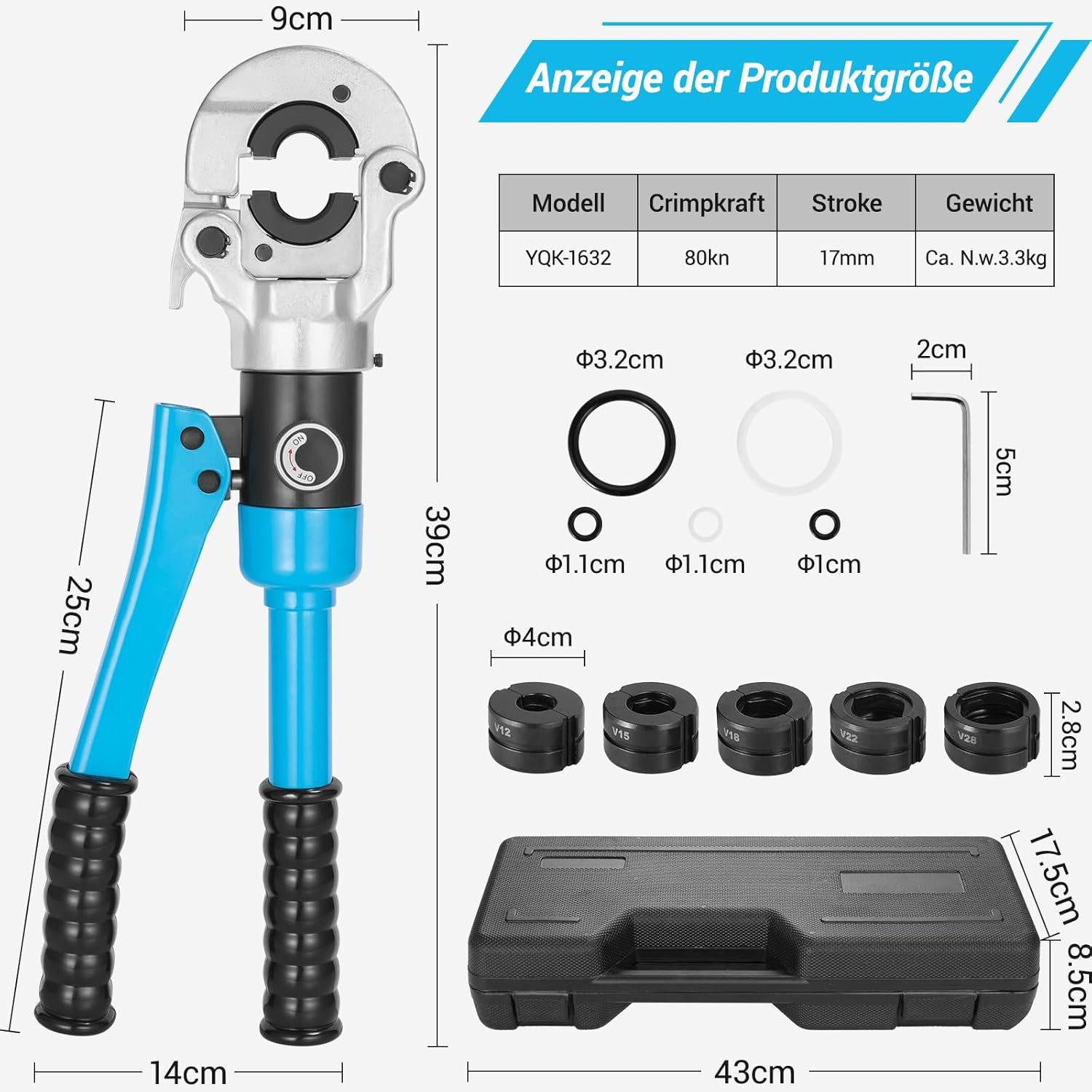 TLGREEN Kneifzange Profi Presszange, Gas und Haus-rohre hydraulische presszange, 360° drehbarem Kopf Rohrpresszange